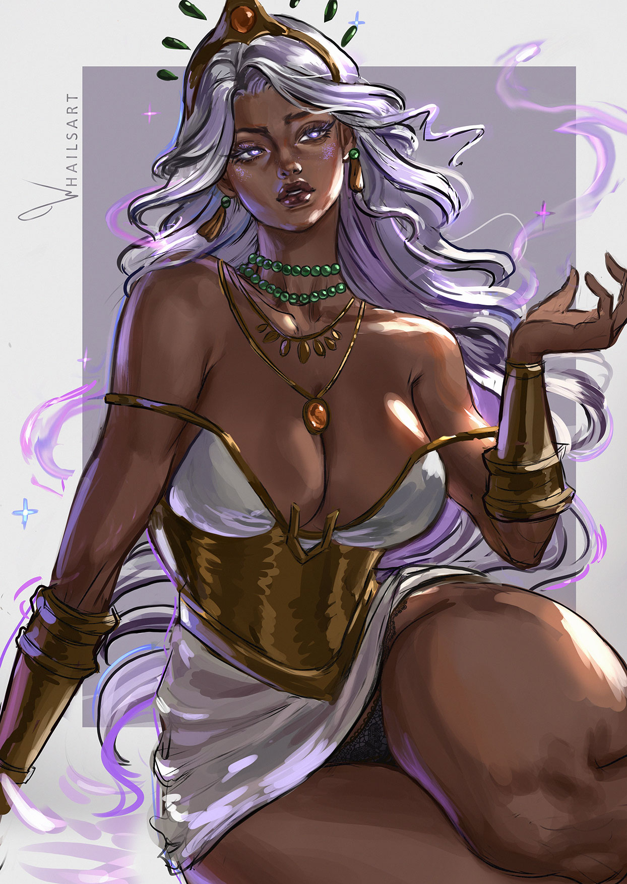 1girls, 2d, big breasts, big thighs, breasts, cleavage, clothed, clothing, crown, dark skin, dark-skinned female, dress, earrings, female, female only, hourglass figure, huge breasts, huge thighs, jewelry, large breasts, large thighs, long hair, marvel, marvel rivals, multicolored hair, necklace, panties, pantyshot, purple eyes, purple hair, skirt, skirt lift, slim waist, solo, solo female, storm (marvel rivals), storm (queen of wakanda), storm (x-men), thick, thick thighs, thighs, thighs bigger than head, thunder thighs, upskirt, very long hair, whailsart, white hair, wide hips, x-men