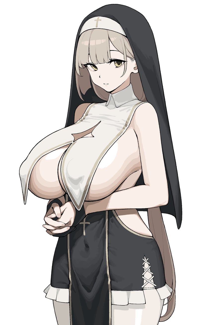 1girls, big breasts, blonde hair, breast curtains, breasts, cleavage cutout, clothing cutout, cross, gloves, hands clasped, hands together, highres, large breasts, long hair, looking at viewer, navel, nun, nun hat, nun's habit, original, pelvic curtain, pwd, simple background, sister virodar, solo, solo female, very long hair, white background, white gloves, white hair, yellow eyes