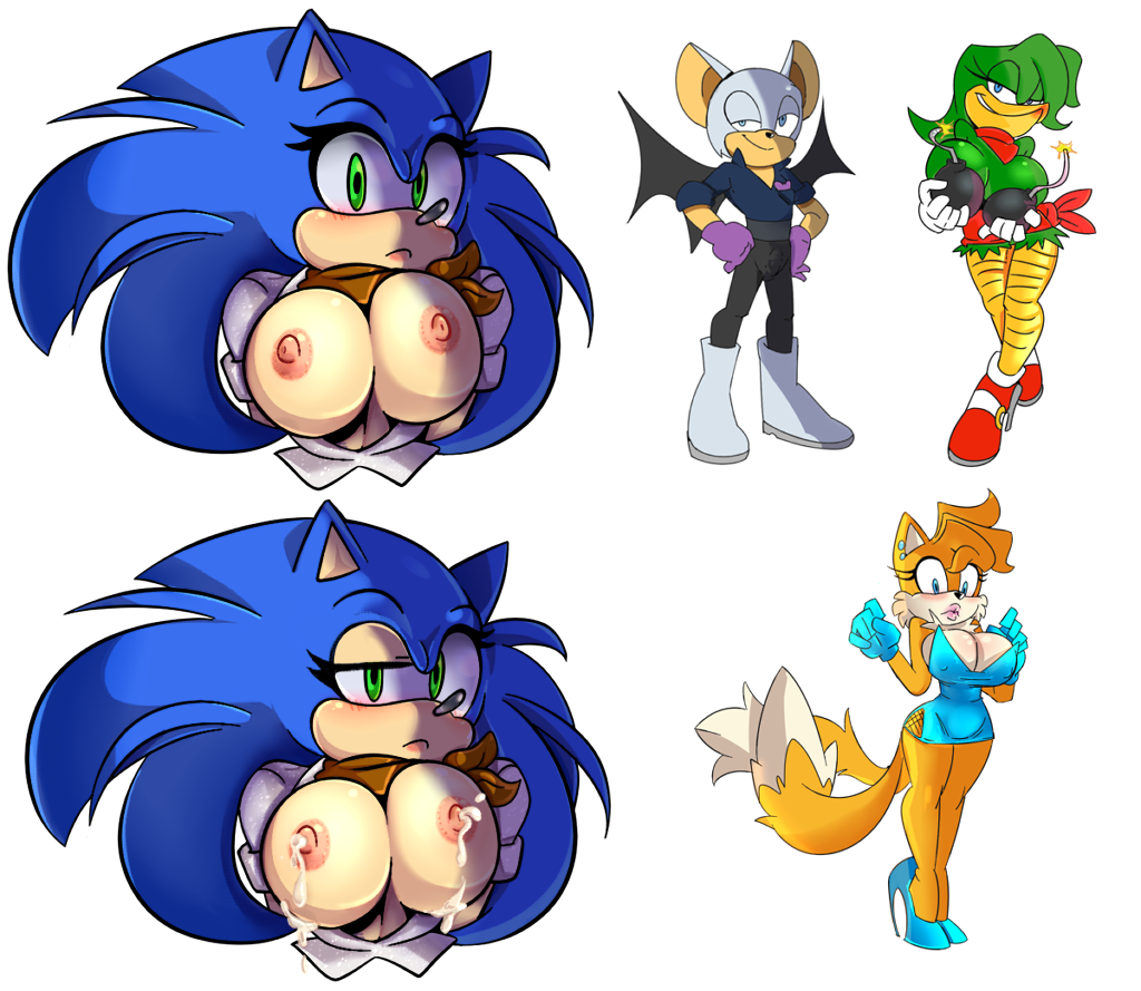 3girls avian bandana bare_breasts bat bean_the_dynamite bimbo bird blue_eyes blush bomb breast_milk breasts canine cleavage clothed clothing cuisine dress female fox fox_ears fox_tail foxgirl hedgehog high_heels hourglass_figure lactation mammal milk missphase rouge_the_bat rule_63 smile sonic_(series) sonic_the_hedgehog sonique_the_hedgehog tails wings woodpecker