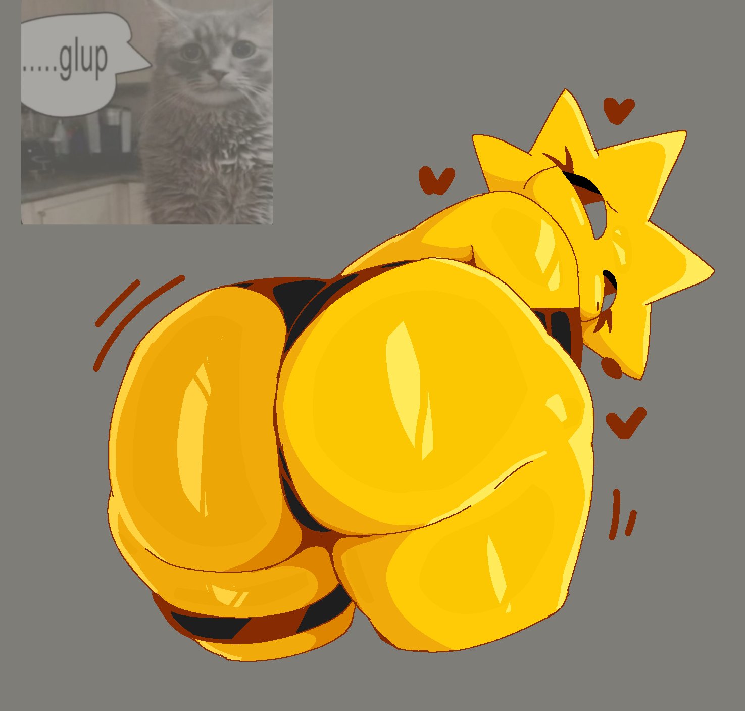 1girls, 2025, ass, ass focus, bending over, bent over, big ass, big butt, bikini bottom, booty, butt focus, color, colored, digital media (artwork), fat ass, fat butt, female, female focus, female only, glistening, glistening ass, glistening body, glistening butt, gray background, heart, heart symbol, hearts around head, helia (raytheuhhhhhh), huge ass, huge butt, jurynavtheram, jurynavthesheep, large ass, large butt, looking back, motion lines, oc, presenting ass, presenting butt, presenting hindquarters, simple background, solo, solo female, solo focus, sun, sun head, thick thighs, thighs, wide hipped female, wide hips, yellow body, yellow skin, yellow-skinned female