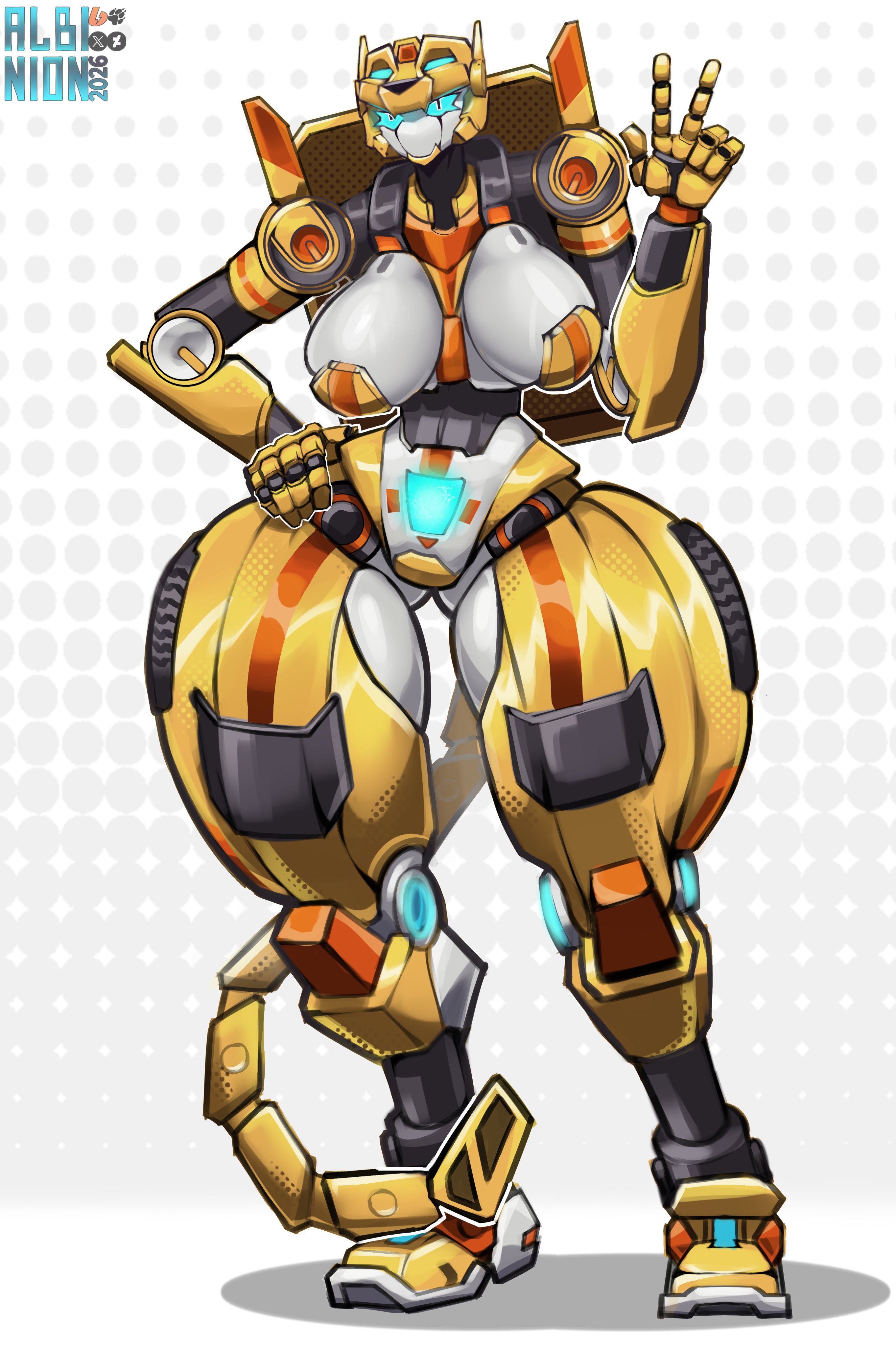 albinion, big breasts, hand on hip, massive thighs, mecha, mecha focus, mecha girl, metal cardbot, peace sign, tachi (metal cardbot), tachy (metal cardbot), thick thighs, wide hips