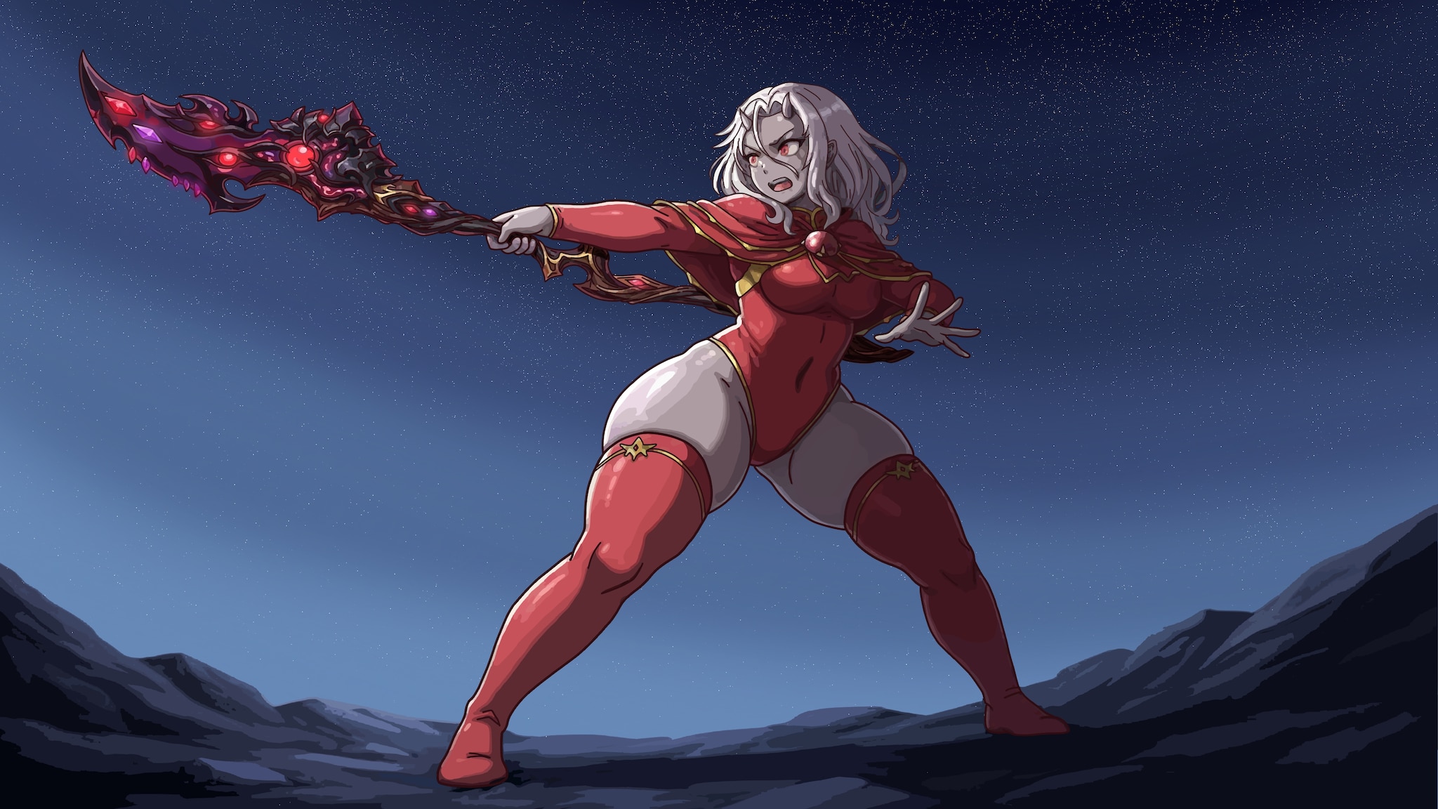 1girls, angry, angry expression, angry face, ass visible through thighs, calamitas, calamity mod, child bearing hips, female, female focus, female only, hair between eyes, horn, horns, leotard, long hair, night, night sky, niruano, open mouth, orange eyes, outdoors, revealing clothes, skintight, skintight clothing, staff, tagme, terraria, thick thighs, thigh highs, thighhighs, thighs, vehemence (calamity mod), white hair