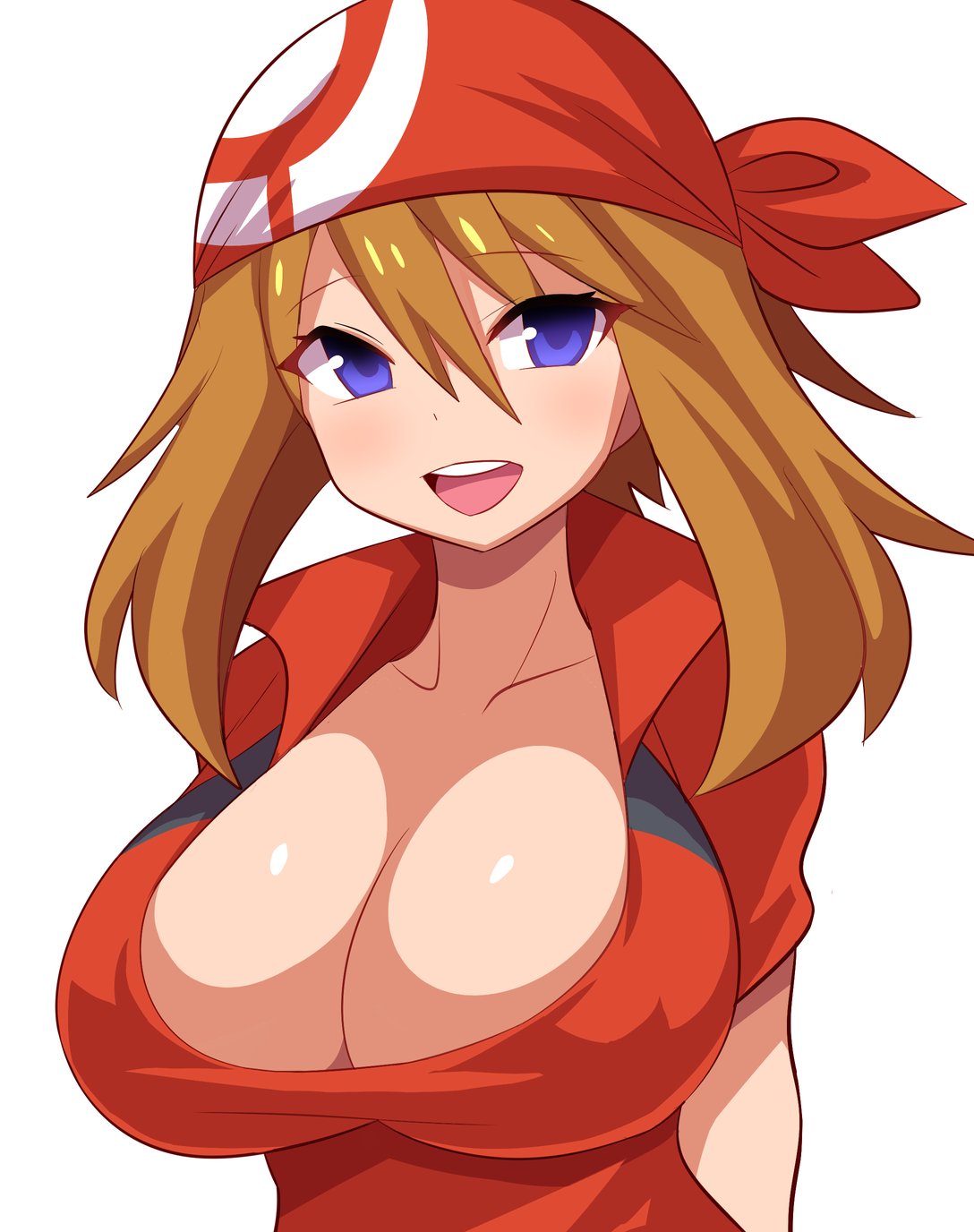 :d, 1girls, alternate breast size, anime style, bad id, bandana, blue eyes, blush, bouncing breasts, breasts, brown hair, center opening, cleavage, collarbone, female, female only, heart, highres, huge breasts, human, human only, konno tohiro, large breasts, looking at viewer, may (pokemon), nintendo, open mouth, paizuri invitation, pokemon, pokemon rse, simple background, smile, solo, upper body, white background