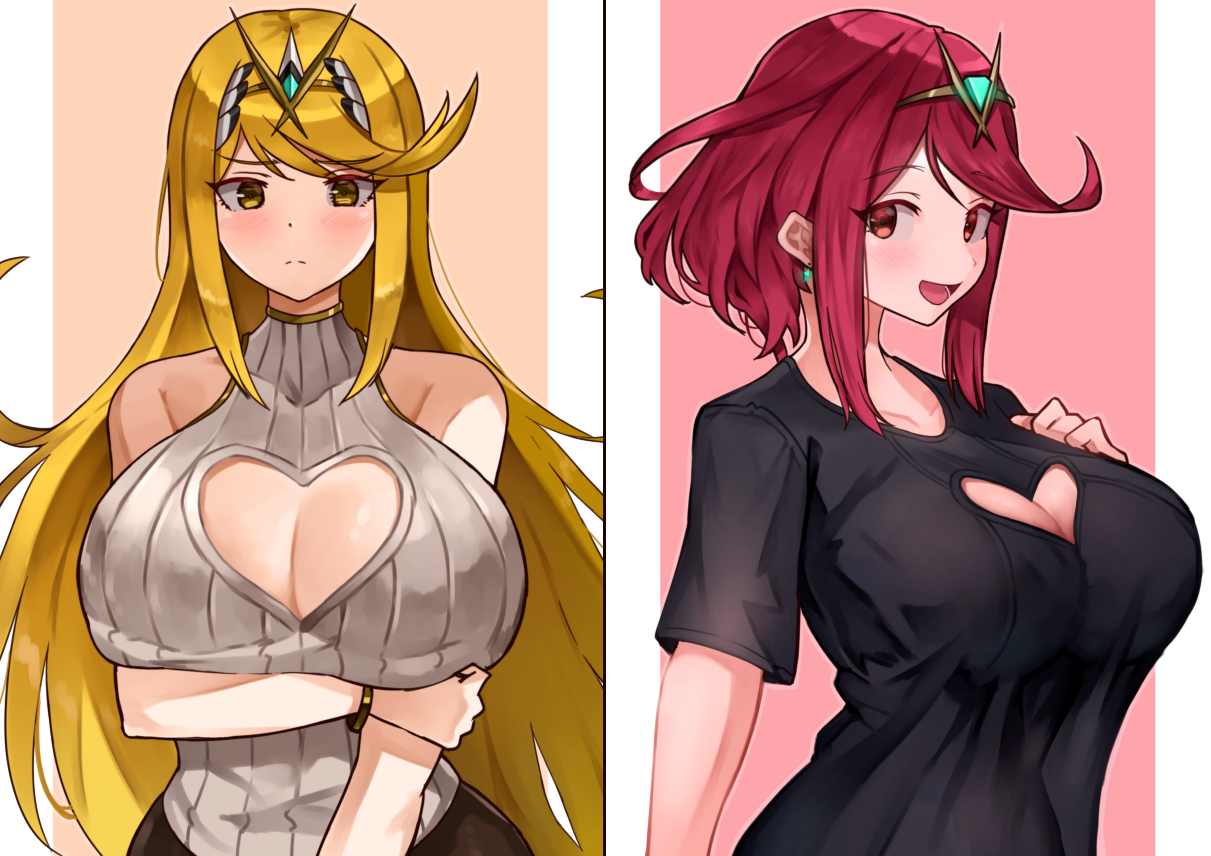 2girls, absurdres, black shirt, blonde hair, blush, bob cut, breasts, cleavage, cleavage cutout, clothing cutout, dress, earrings, female, female only, headpiece, heart cutout, highres, jewelry, large breasts, long hair, looking at viewer, multiple girls, mythra, oniisan02b, pyra, red eyes, red hair, shiorino mani (artist), shirt, short hair, sweater, sweater dress, swept bangs, tiara, turtleneck, turtleneck sweater, very long hair, xenoblade (series), xenoblade chronicles 2, yellow eyes, yotsuha uni, yotsuhauni