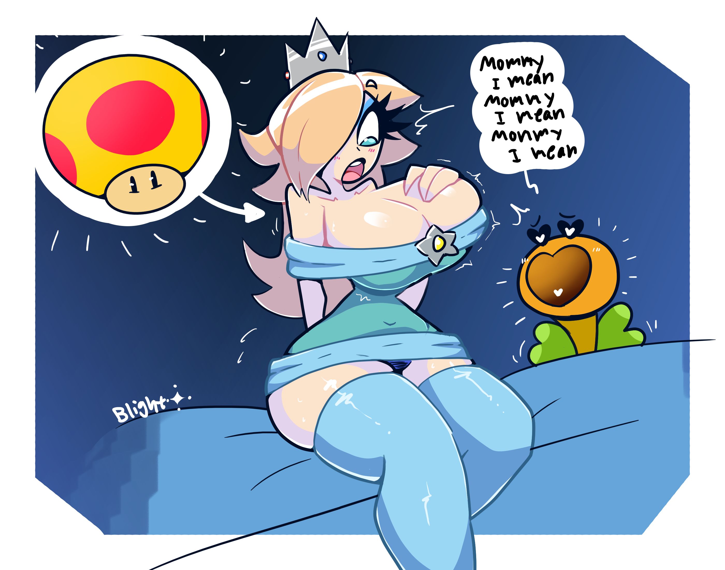 blightstar, breast expansion, clothed, crown, dialogue, english text, eyeshadow, hair over one eye, hand on chest, large breasts, mario (series), meetup in bellabel park, mega mushroom, mommy, nintendo, panties, panty peek, princess rosalina, rosetta (super mario galaxy), sitting, speech bubble, super mario bros. wonder, super mario bros. wonder + meetup in bellabel park, super mario galaxy, tagme, talking flower (super mario bros. wonder)