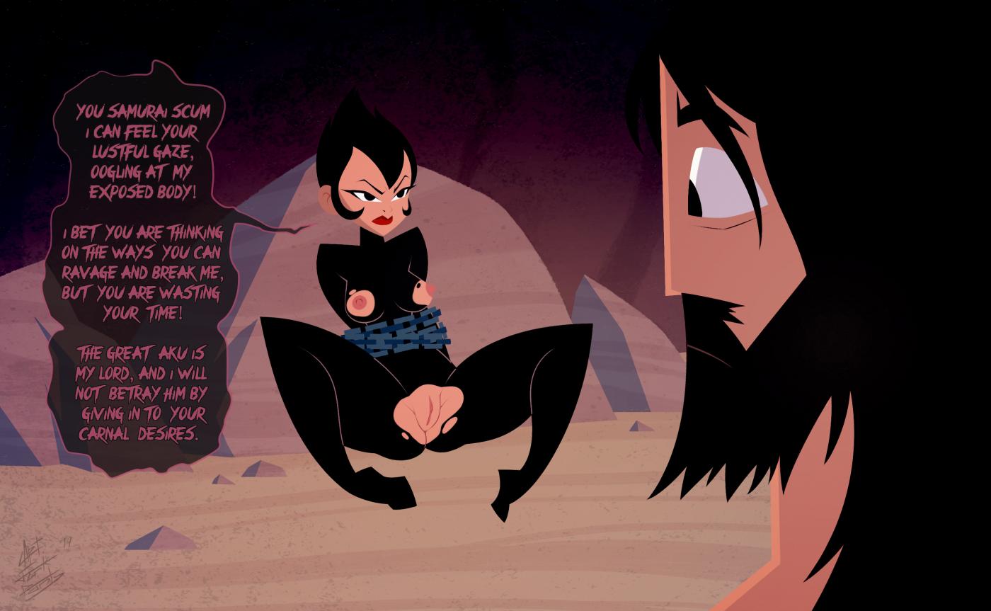 1boy, 1girls, 2d, accurate art style, areolae, ashi (samurai jack), asian, asian female, bdsm, black eyes, black hair, bondage, breasts, captainjerkpants, captured, captured heroine, cartoon, cartoon network, cartoony, daughters of aku, dirty talk, english text, exposed breasts, exposed pussy, female, hair, looking at pussy, male, medium breasts, nipples, official style, pussy, samurai jack, samurai jack (character), skinny, small breasts, speech bubble, text, virgin, virgin female