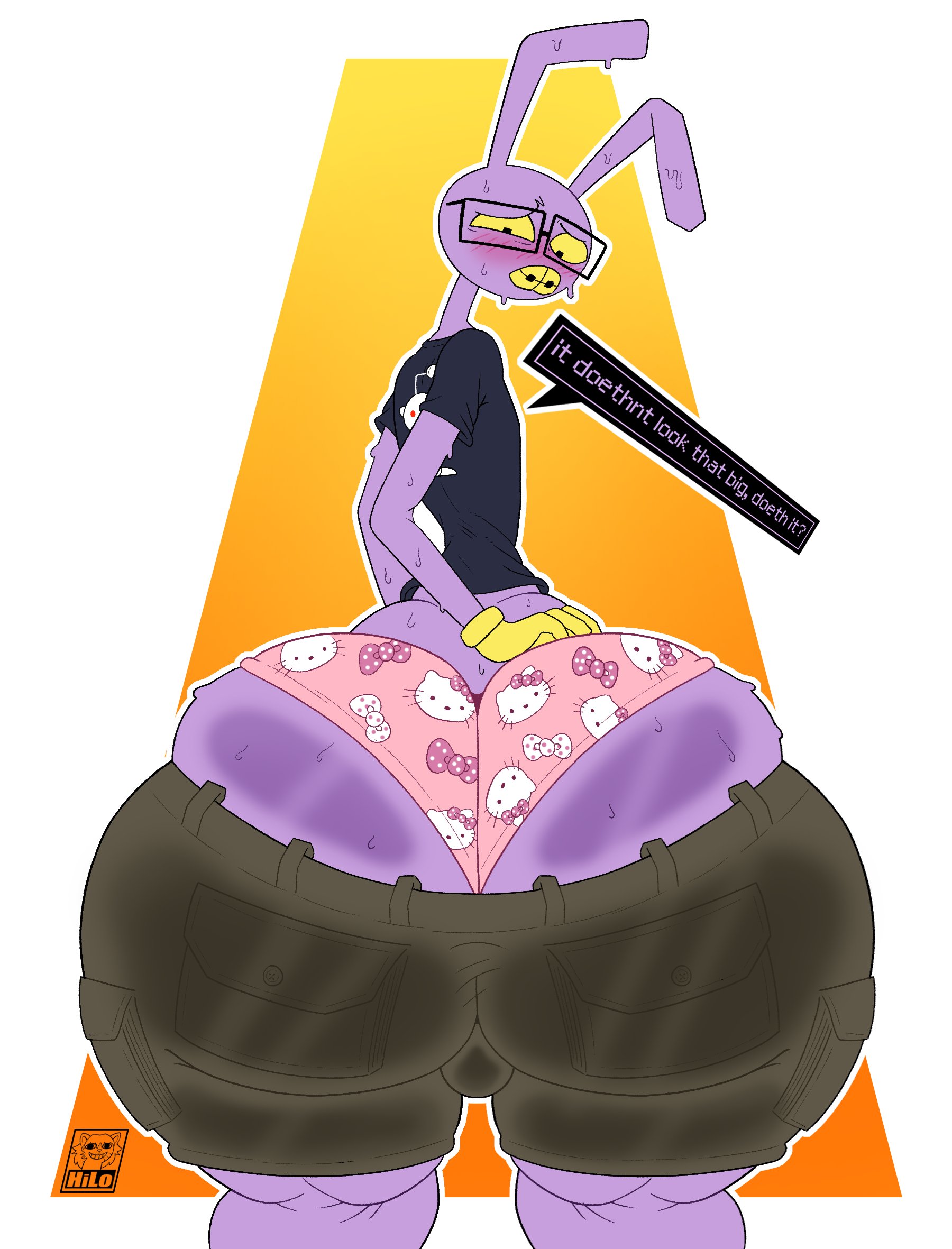 1boy, 2d, anthro, ass, ass bigger than head, ass focus, big ass, blush, braces, bulge, cargo pants, clothing, embarrassed, english text, eyewear, fat ass, femboy, furry, girly, glasses, hello kitty, itsme hilo, jax (tadc), jax (the amazing digital circus), lagomorph, lisp, looking back, looking back at self, male, male only, nerd, nerdy, no genitals, no sex, nonhuman, pants down, purple body, reddit, redditor jax (hi-lo), shorts, simple background, solo, solo male, speech impediment, standing, sweat, sweaty, sweaty ass, tadc, tagme, talking, text bubble, the amazing digital circus, thick thighs, underwear