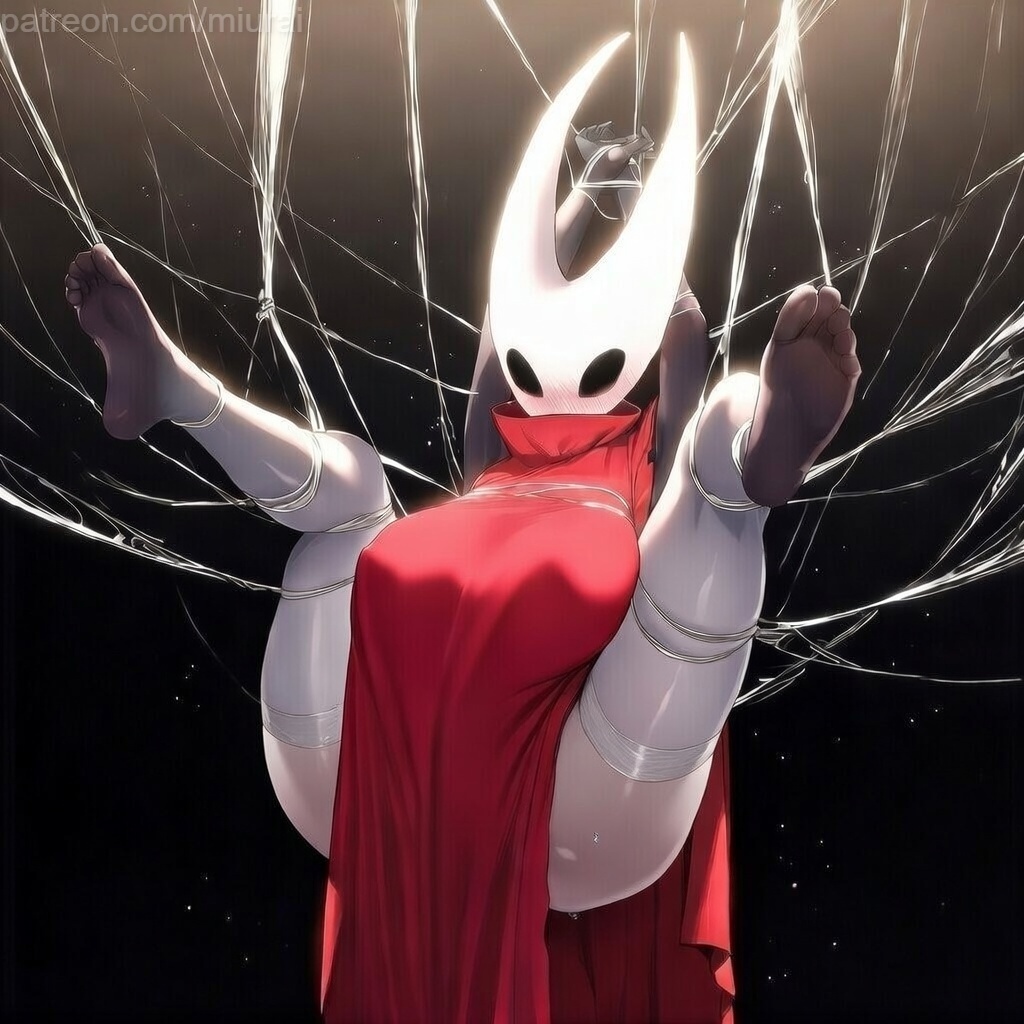 ai generated, arthropod girl, black eyes, blank eyes, blush, bondage, bound, bound wrists, cloak, feet, female, full body, hollow eyes, hollow knight, hollow knight (franchise), hollow knight: silksong, hornet (hollow knight), horns, large breasts, mask, milf, no shoes, red cloak, red dress, restrained, rule 63, silk, soles, solo, spider web, spread legs, suspension, teabag position, thighhighs, toes, white thighhighs
