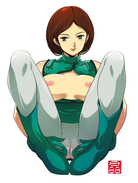 1girls 2007 boots breasts brown_hair cameltoe emma_sheen female green_eyes gundam human inverted_nipples large_breasts light-skinned_female light_skin nipples open_clothes open_shirt pantyhose pointy_chin shirt short_hair solo sonobe_kazuaki tights tongue uniform white_legwear zeta_gundam