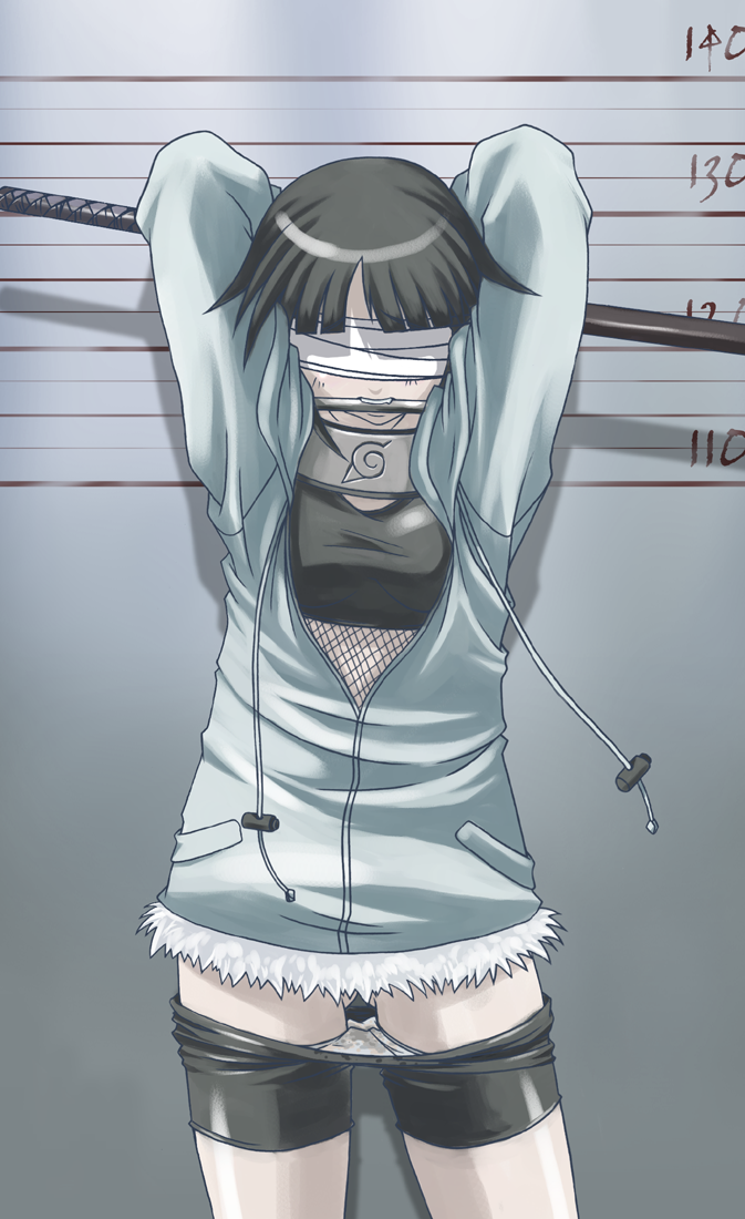 arms_behind_head arms_up bandage bandages bike_shorts bike_shorts_pull bit_gag black_hair blindfold coat cyocyo female female_only fishnets forehead_protector gag gagged human hyuuga_hinata latex mugshot naruto naruto_(classic) short_hair shorts shorts_pull solo spandex standing straight_hair sword tasaka_shinnosuke the_usual_suspects weapon