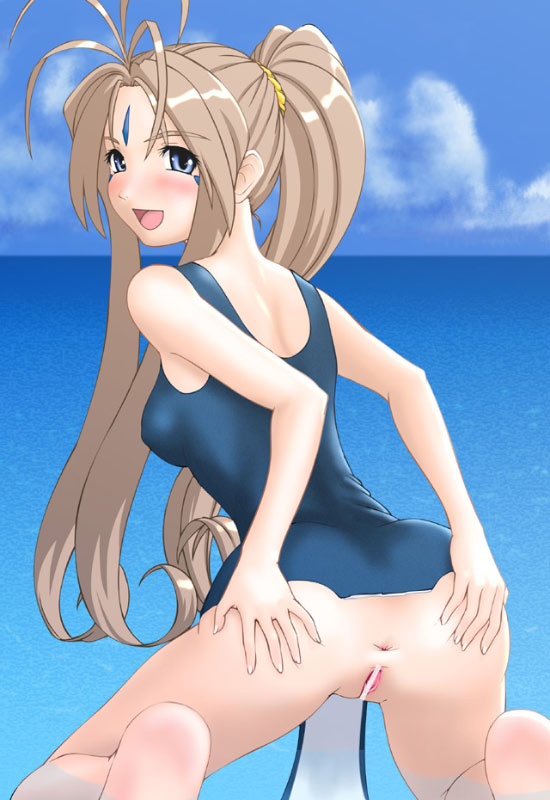 1girls ass belldandy breasts censored female goddess light-skinned_female light_skin long_hair mashitaka oh_my_goddess! one-piece_swimsuit small_breasts swimsuit urahyakkiyakou