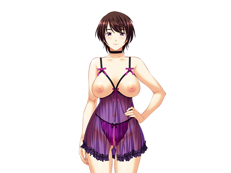 areolae asakura_sakura blush breastless_clothes breasts brown_hair censored choker crotchless_panties female game_cg hand_on_hip highres large_breasts legs lingerie looking_at_viewer mole negligee nipples oba_ana:_overhaul panties pink_eyes sanada_chihiro short_hair simple_background smile solo standing thighs underwear white_background