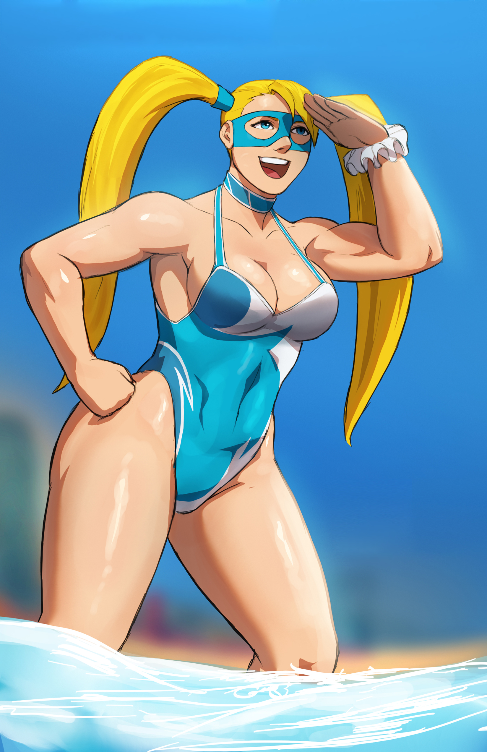 1girls, blonde hair, blue eyes, breasts, cleavage, female, female only, large breasts, mask, muscular, muscular female, naavs, rainbow mika, solo, street fighter, swimsuit, thighs, toned, twintails