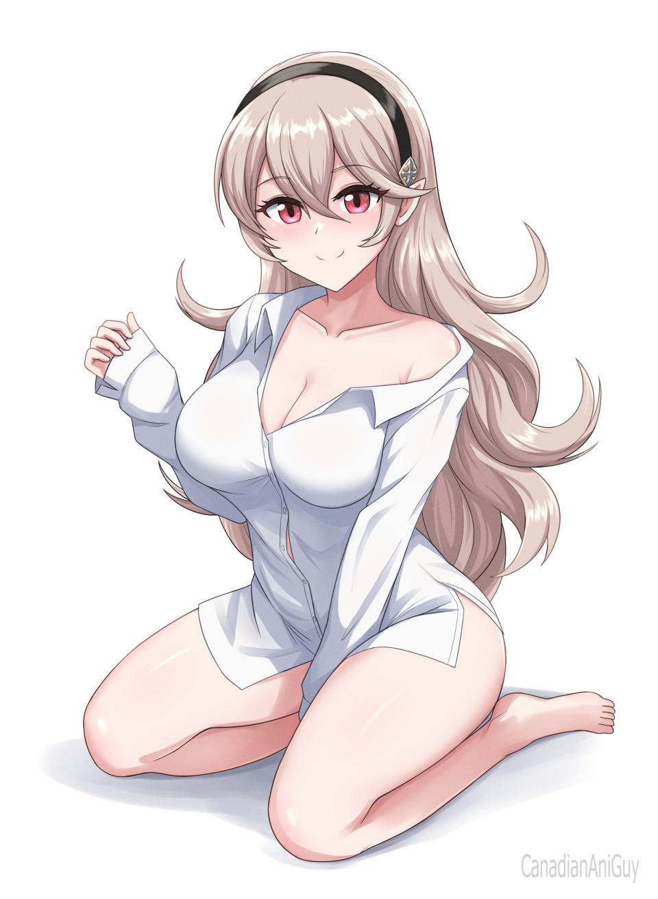 1girls, bare legs, bare thighs, barefoot, bottomless, breasts, canadiananiguy, cleavage, corrin (fire emblem), corrin (fire emblem) (female), covered nipples, feet, female, fire emblem, fire emblem fates, legs, long hair, looking at viewer, red eyes, shirt, shirt only, smile, smiling, smiling at viewer, solo, thighs, white hair