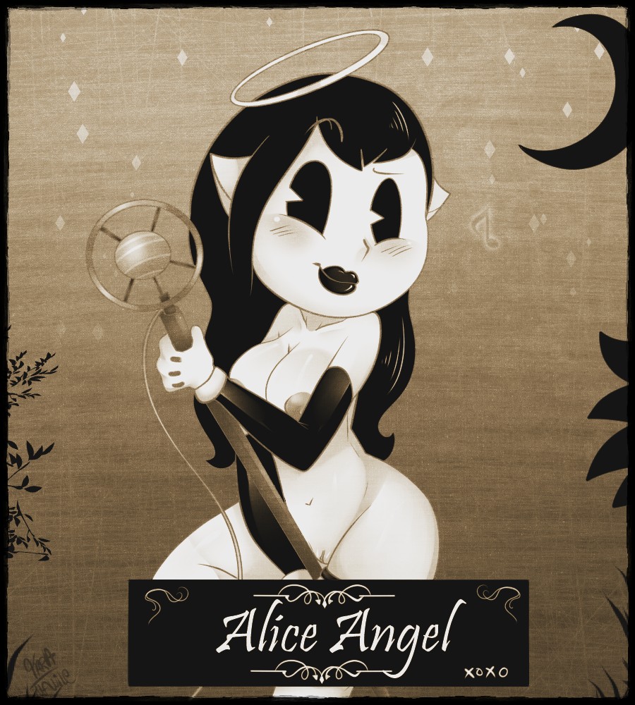 1girls, alice angel, beauty mark, bedroom eyes, bendy and the ink machine, big breasts, black hair, blush, breasts, character name, cleavage, female, female only, gloves, halo, horns, lipstick, looking at viewer, mawile123, microphone, navel, nightmare waifu, nipples, nude, nudity, pussy, raised eyebrow, solo, video game character, vulva