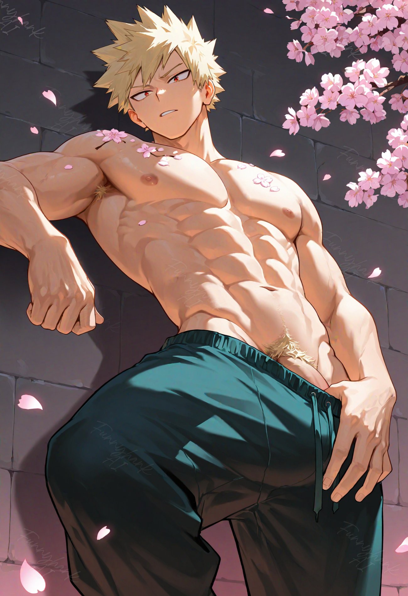 ai generated, bakugou katsuki, bara, boku no hero academia, funnyhankai, gay, katsuki bakugou, male, male focus, male only, muscular, muscular male, my hero academia, solo, solo male, yaoi
