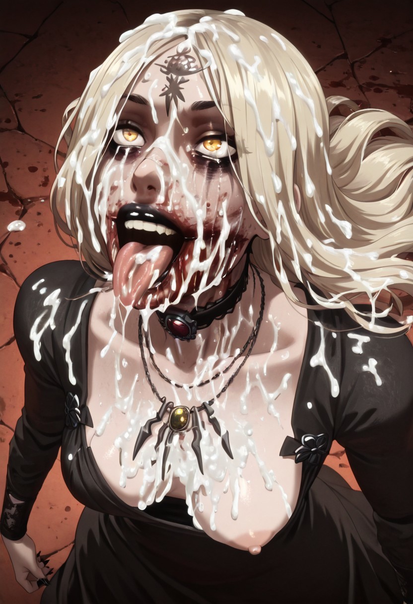 1girls, ai generated, bela (resident evil), black lips, black lipstick, blood, blood on face, breasts, bukkake, capcom, civitai, covered in cum, cum, cum on body, cum on breasts, cum on face, cum on hair, cum on tongue, cum on upper body, dark fantasy, excessive cum, facial, female, female focus, female only, goth, goth girl, gothic, grey skin, horror, hylian r34, lipstick, looking at partner, looking up, one breast out, paint my face, resident evil, resident evil 8: village, tagme, tongue, tongue out, undead, undead female