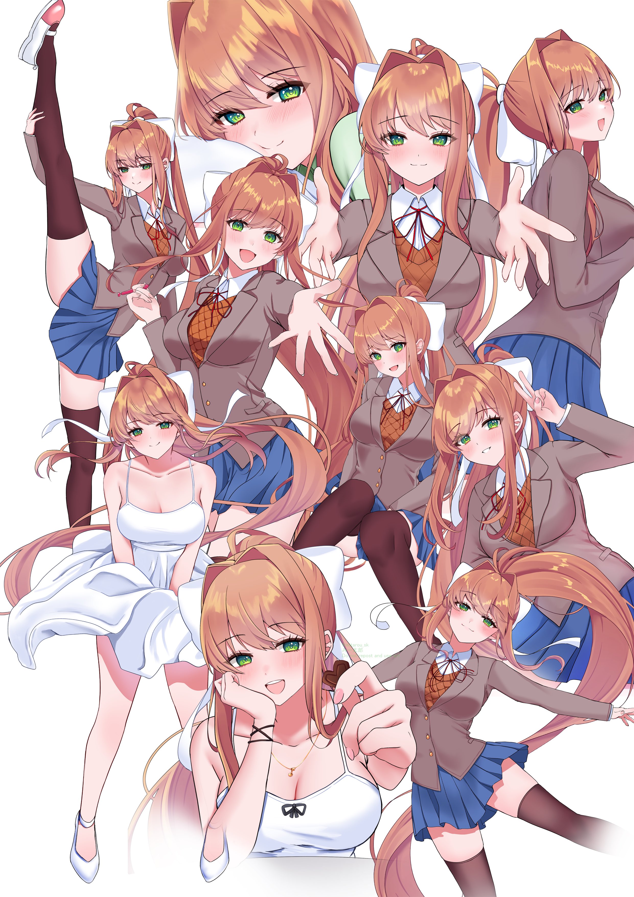 1girls, absurdres, black thighhighs, blue skirt, bow, breasts, brown hair, brown jacket, cleavage, doki doki literature club, doki doki literature club school uniform, dress, female, female only, green eyes, high heels, highres, jacket, large breasts, leg up, long hair, looking at viewer, mi tarou0412, miniskirt, mitarou sk, monika (doki doki literature club), not porn, official alternate costume, open clothes, open jacket, ponytail, school uniform, sidelocks, simple background, skirt, thighhighs, white background, white bow, white dress, wholesome