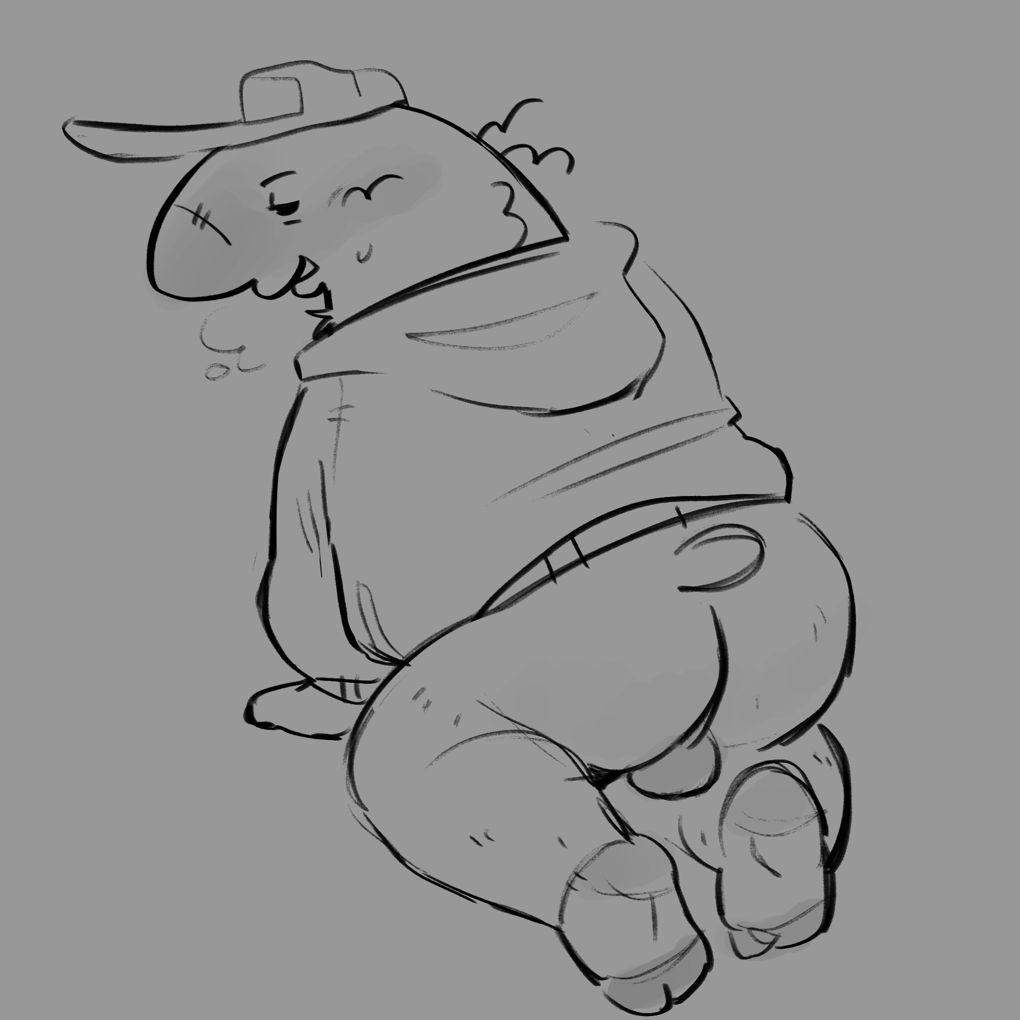 1boy, 2d, adult swim, ambiguous species, anthro, ass, backsack, balls, black and grey, blush, bottomless, charlie (smiling friends), charlie dompler, chubby male, digital media, face scar, fat male, full body, grey background, greyscale, grin, hairy legs, hat, hoodie, leg hair, looking at viewer, looking back, male, male only, monochrome, mostly clothed, nose scar, presenting ass, rancid430, scar, scar on face, scar on nose, scarf, seductive eyes, seductive look, simple background, sketch, small tail, smiling friends, socks, solo, sweat, tail