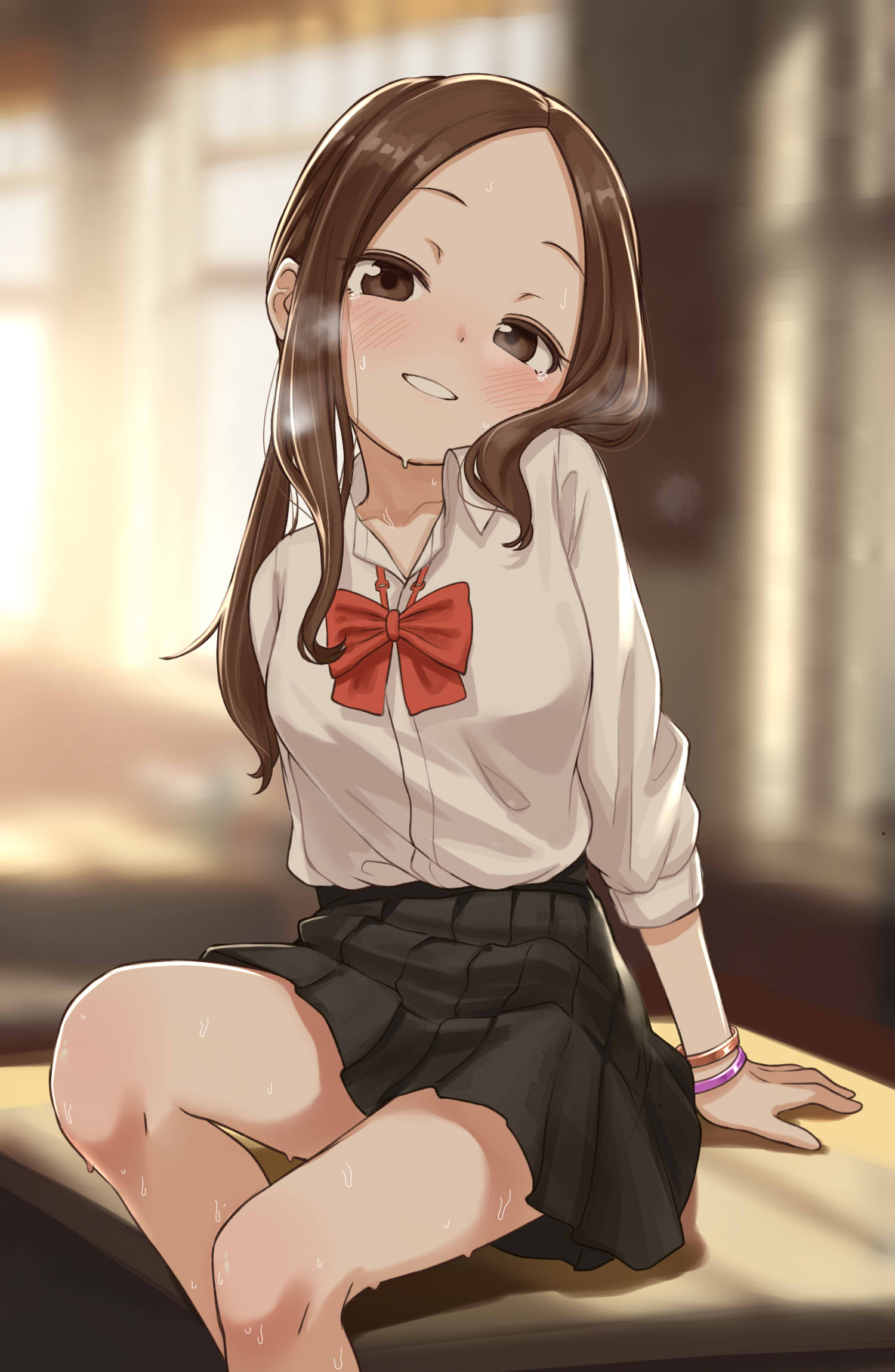 1girls, black skirt, blurry, blurry background, bow, breasts, brown eyes, brown hair, collarbone, collared shirt, commentary request, depth of field, desk, dress shirt, feet out of frame, female, forehead, highres, indoors, karakai jouzu no takagi-san, long hair, long sleeves, looking at viewer, note2000, on desk, parted bangs, pleated skirt, red bow, school desk, school uniform, shirt, skirt, small breasts, smile, solo, steam, sweat, takagi-san, white shirt