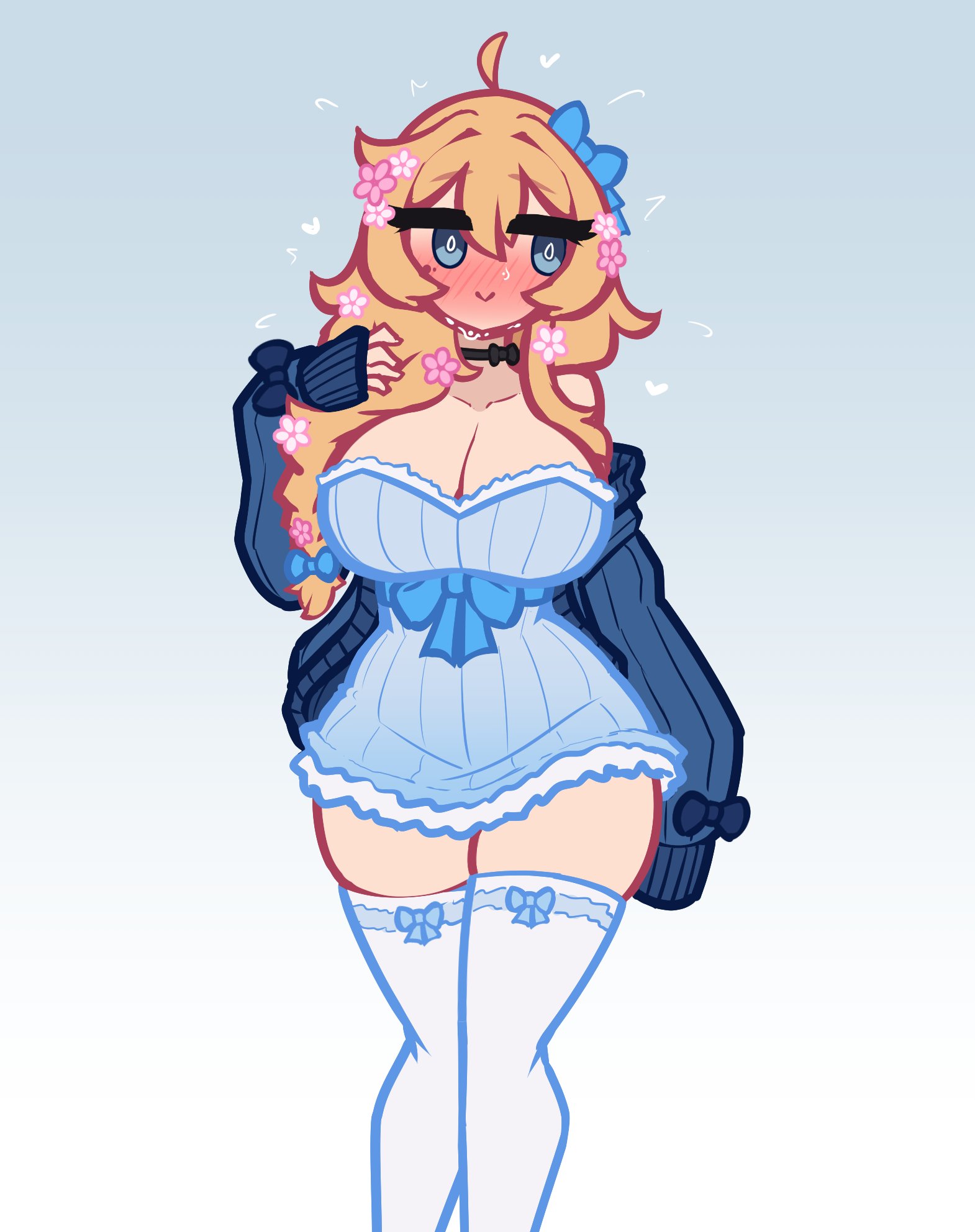 blush, flustered, large breasts, limebreaker, ribbon, solo, virtual youtuber, whiskey project