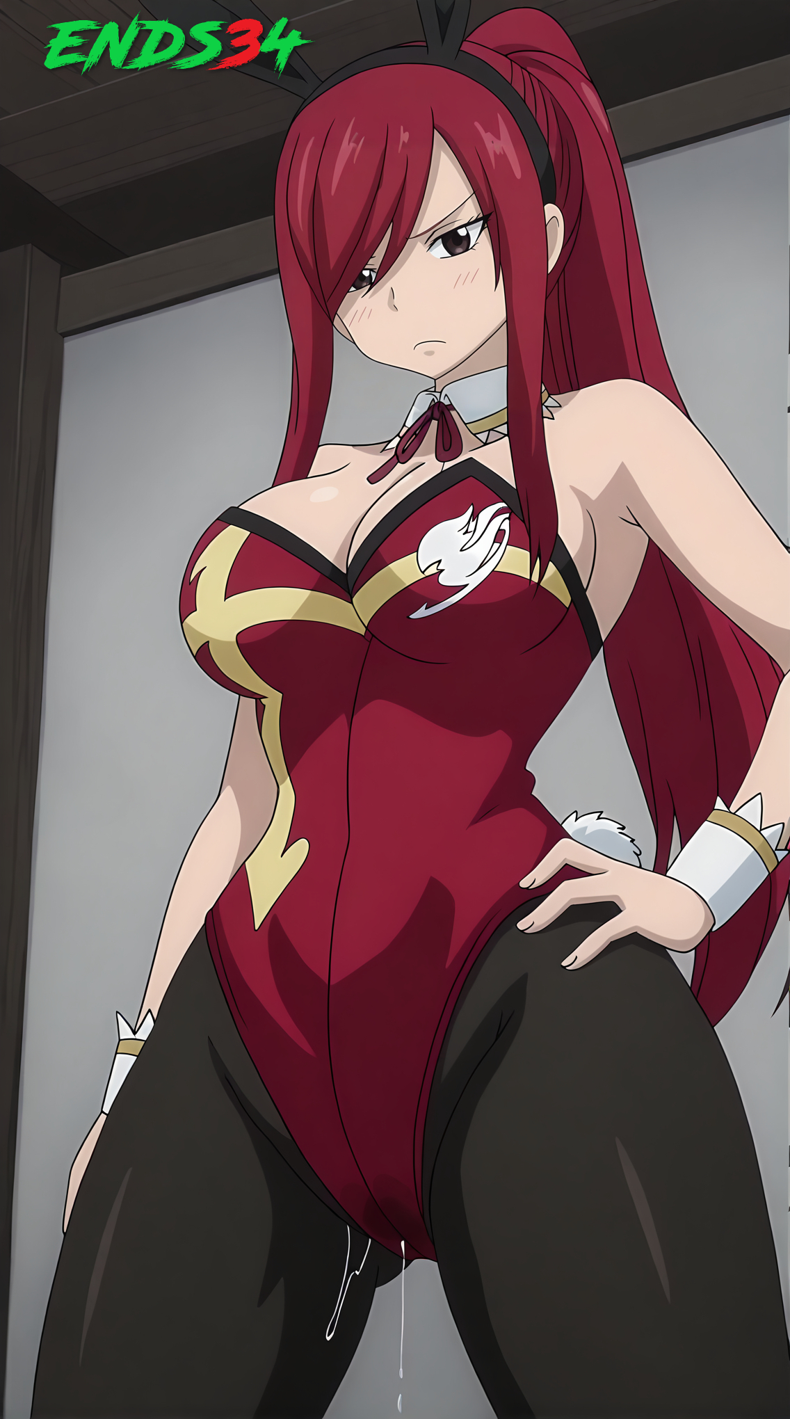 1girls, 2025, ai generated, big breasts, breasts, bunny girl, ends34, erza scarlet, fairy tail, female, female only, red hair, red-haired female, stockings