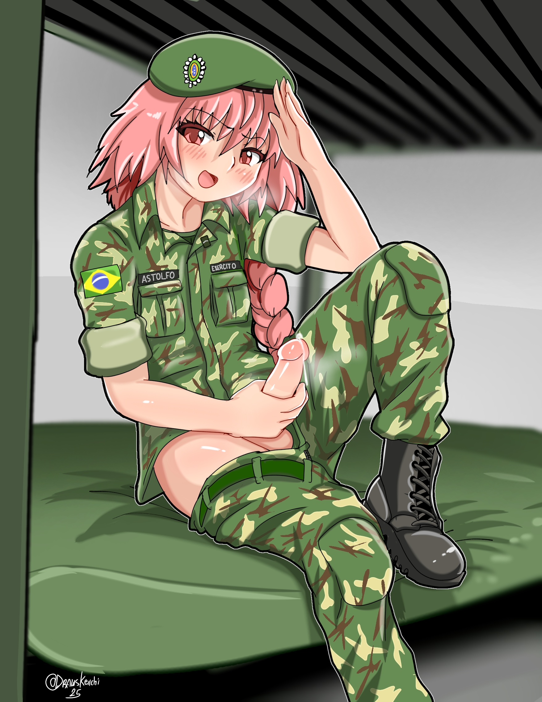 1boy, army, astolfo (fate), beret, brazil, brazilian, brazilian army, cosplay, drawskeiichi, fate (series), fate/grand order, femboy, light skin, light-skinned male, male, male only, military, military uniform, otokonoko, penis, penis out, solo