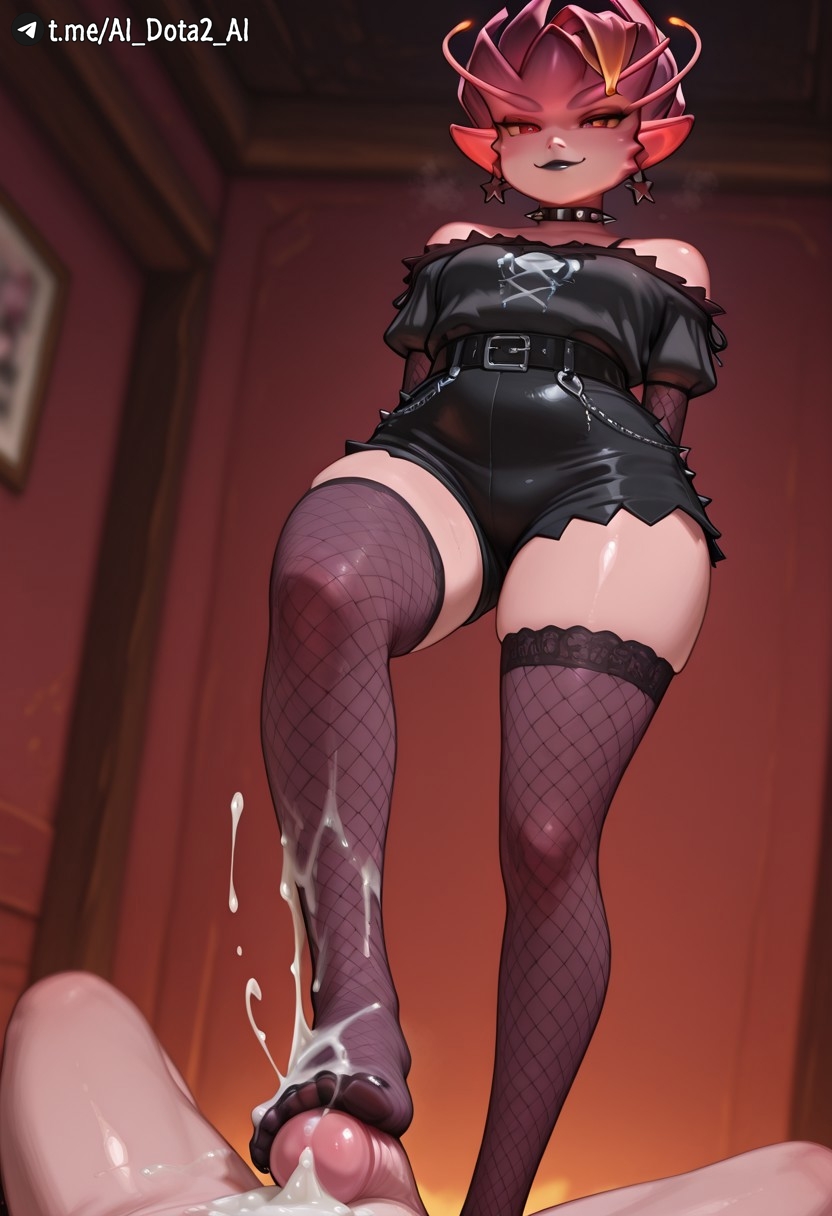 1boy, ai dota ai, ai generated, antennae, artist name, bare shoulders, belt, black belt, black choker, black nails, black shirt, black shorts, breasts, colored sclera, colored skin, cum, cum on body, cum on feet, dark willow, dota 2, earrings, feet, female, fishnet thighhighs, fishnets, footjob, goth, goth girl, high-waist shorts, indoors, jewelry, looking at viewer, male, mireska sunbreeze the dark willow, no shoes, off shoulder, penis, pointy ears, red eyes, red hair, red skin, shiny skin, shirt, short hair, shorts, skindentation, smile, solo focus, straight, teeth, thighhighs, toes, uncensored, wings