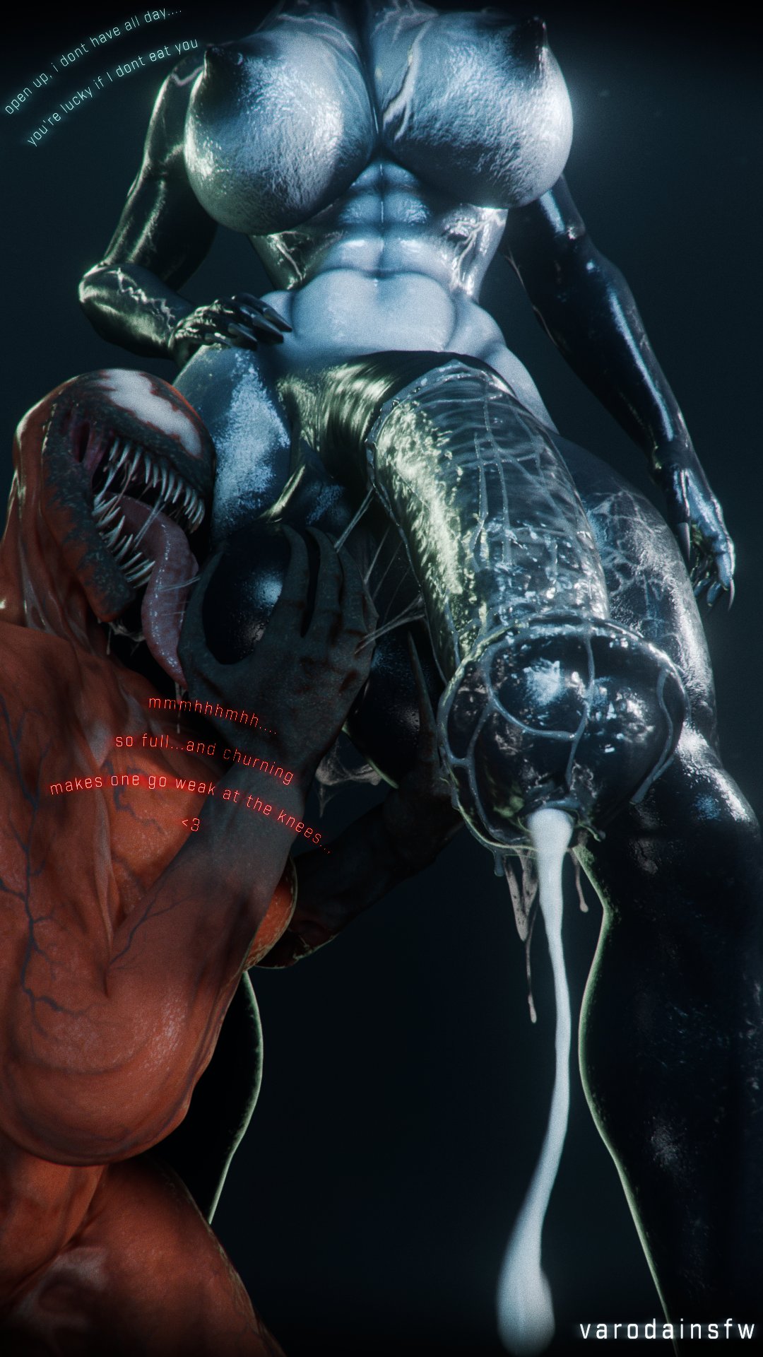 2futas, 3d, carnage (marvel), futa on futa, futanari, gynomorph/gynomorph, marvel, rule 63, she-venom, syn (varodai), tagme, text, varodai