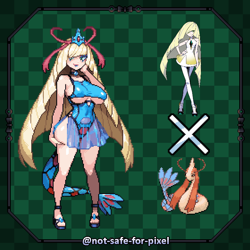 1girls blonde_hair breasts cosplay fusion huge_breasts lusamine_(pokemon) milf milotic milotic_(cosplay) not-safe-for-pixel pixel_art pokemon pokemon_(cosplay) squeezing_thigh thighs