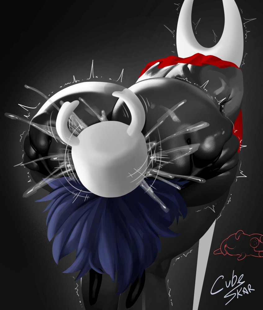 1boy, 1girls, ass, ass focus, black skin, cheeks, cubeskar, cunnilingus, eating ass, eating pussy, female, gripping ass, hollow knight, horn, hornet (hollow knight), horns, hot, male, motion lines, motorboating, pitch-black skin, protagonist (hollow knight), pussy, sexy, size difference, squeezing butt, squirting, sweat, sweatdrop, sweating, the knight (hollow knight), twitching, twitching anus