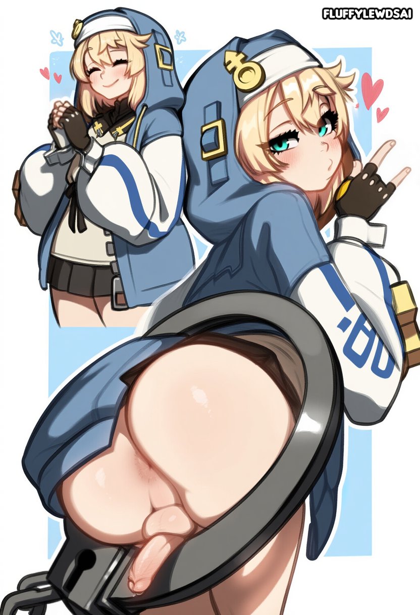 1boy, ai generated, androgynous, anus, ass, blonde hair, blue eyes, bridget, crossdresser, crossdressing, fingerless gloves, fluffylewdsai, gloves, guilty gear, handcuffs, hearts, hi res, light skin, looking at viewer, penis, twink