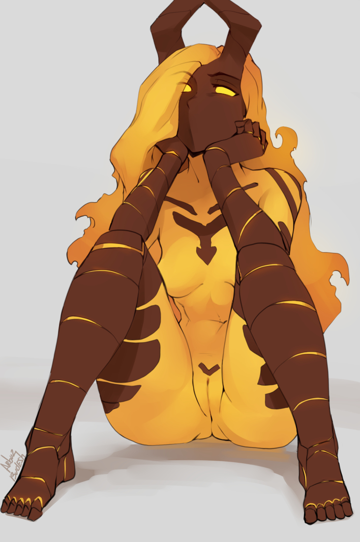 2024 5_toes arbuzbudesh arm_support ass bent_legs big_butt breasts brown_body brown_face brown_horn brown_markings chest_markings convenient_censorship elemental_creature elemental_humanoid elly_(zlasova) empty_eyes eye_through_pseudo_hair eyebrow_through_pseudo_hair eyebrows feet female female_humanoid fingers fire fire_creature flaming_hair front_view full-length_portrait genitals grey_background horn horned_humanoid humanoid knees_pulled_up leaning_on_elbow long_pseudo_hair markings monotone_pseudo_hair mouthless multicolored_body not_furry nude nude_female nude_humanoid pinup plantigrade portrait pose pseudo_hair pubic_markings pussy simple_background sitting small_breasts solo thick_thighs toes translucent translucent_pseudo_hair two_tone_body yellow_body yellow_eyes yellow_pseudo_hair