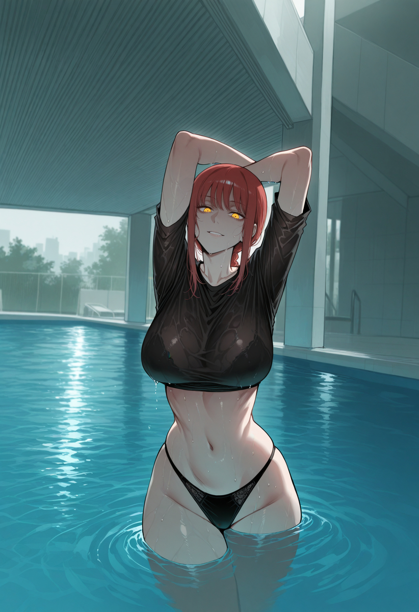 1girls, ai generated, black panties, black shirt, chainsaw man, female, makima (chainsaw man), panties, red hair, shirt, shirt and panties, solo, wet clothes, zloimakak