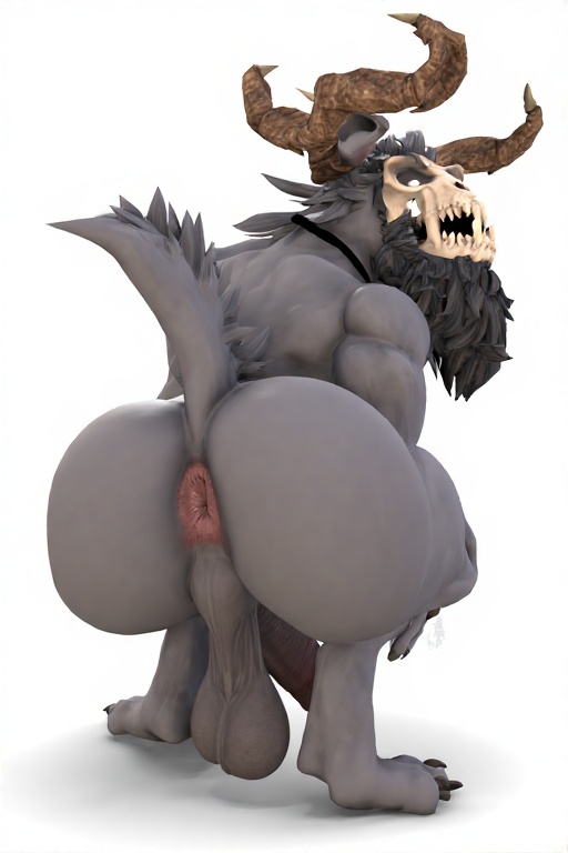 3d ai_generated anus bara black_choker brown_horns buff collar gay goatee gray_body gray_fur handsome long_bearded male_only old_man penis sagging_balls sfm skull_mask solo thick_ass wendigo white_background white_eyes