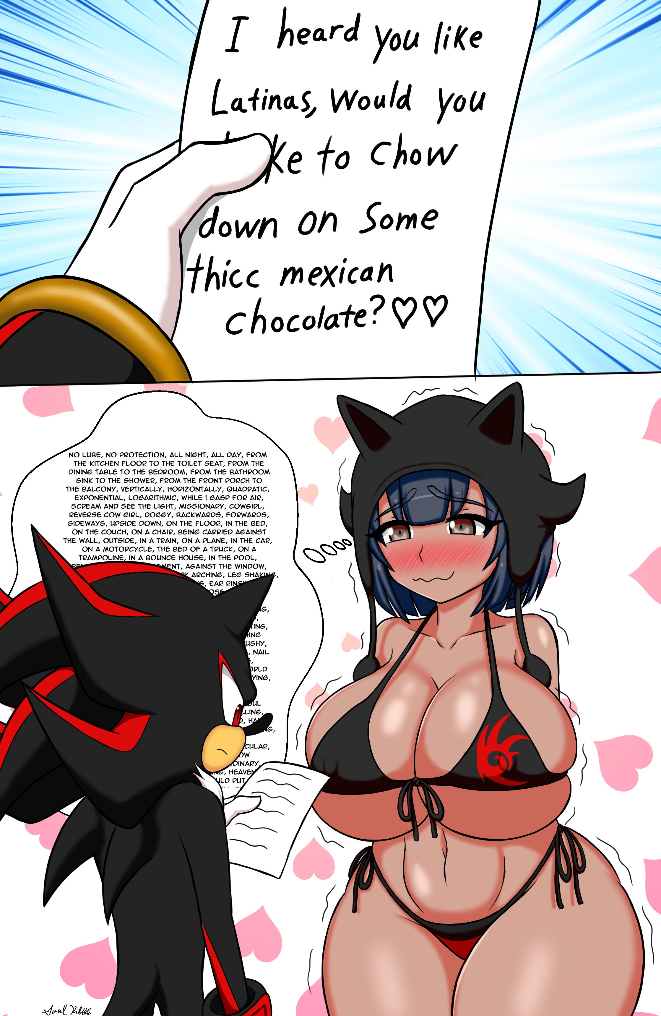anthro, big breasts, bikini, blue hair, breasts, brown eyes, calcia, dark skin, dark-skinned female, female, horny face, horny female, huge breasts, i just love latinas sonic, sega, shadow the hedgehog, short hair, shortstack, sonic (series), sonic team, sonic the hedgehog (series), soulkibble, thicc, thick thighs