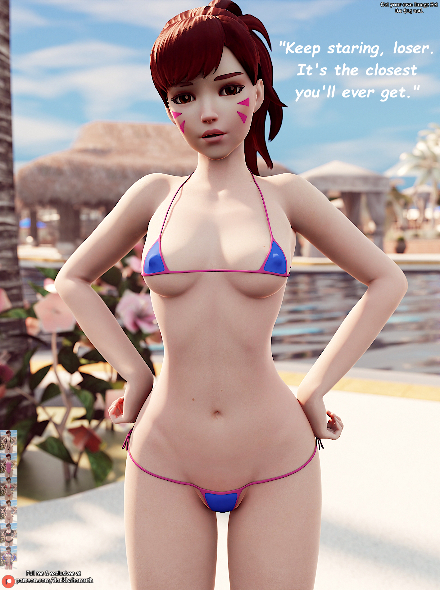 1girls, 3d, 3d (artwork), asian, asian female, belly, bikini, brat, breasts, caught staring, confident, d.va, darkbahamuth, english text, female, femdom, femdom caption, hand on hip, human, looking at viewer, medium breasts, micro bikini, outside, overwatch, petite, pinup, pool, small breasts, solo, swimsuit, taunting, teenage female, teenager, thighs, tummy, wide hips, young, younger female