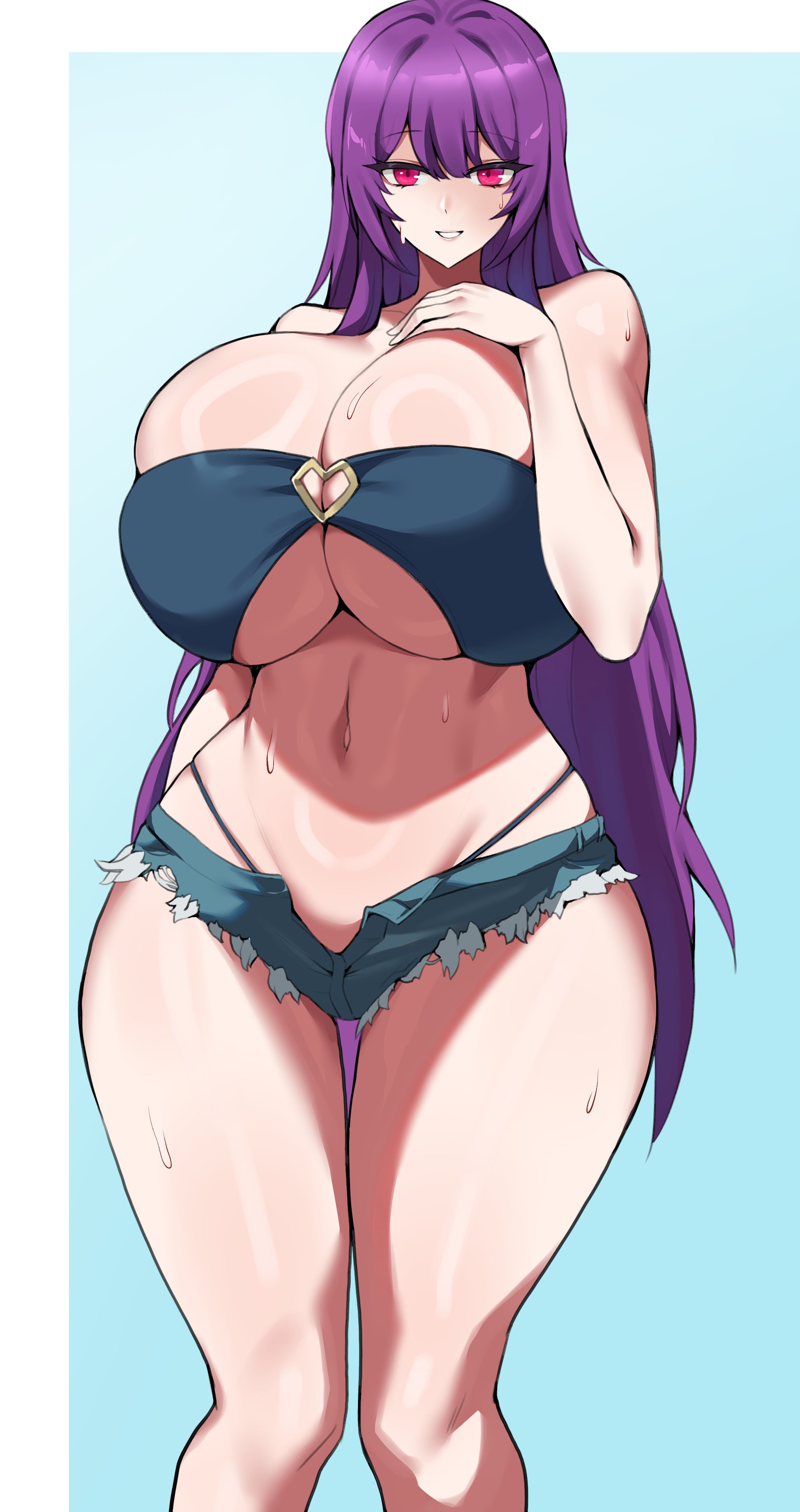 absurdres, bare arms, bare shoulders, blue background, blue panties, blue shorts, blue tube top, border, breasts, cleavage, clothing cutout, commission, cowboy shot, curvy, cutoffs, female, hair between eyes, hand on own chest, hand up, highres, huge breasts, long hair, micro shorts, navel, original, panties, panties under shorts, panty straps, purple hair, red eyes, shadow, shiny skin, shorts, solo, standing, stomach, straight-on, strapless, sweat, thighs, tiger drop, tube top, underboob, underboob cutout, underwear, very long hair, white border, wide hips