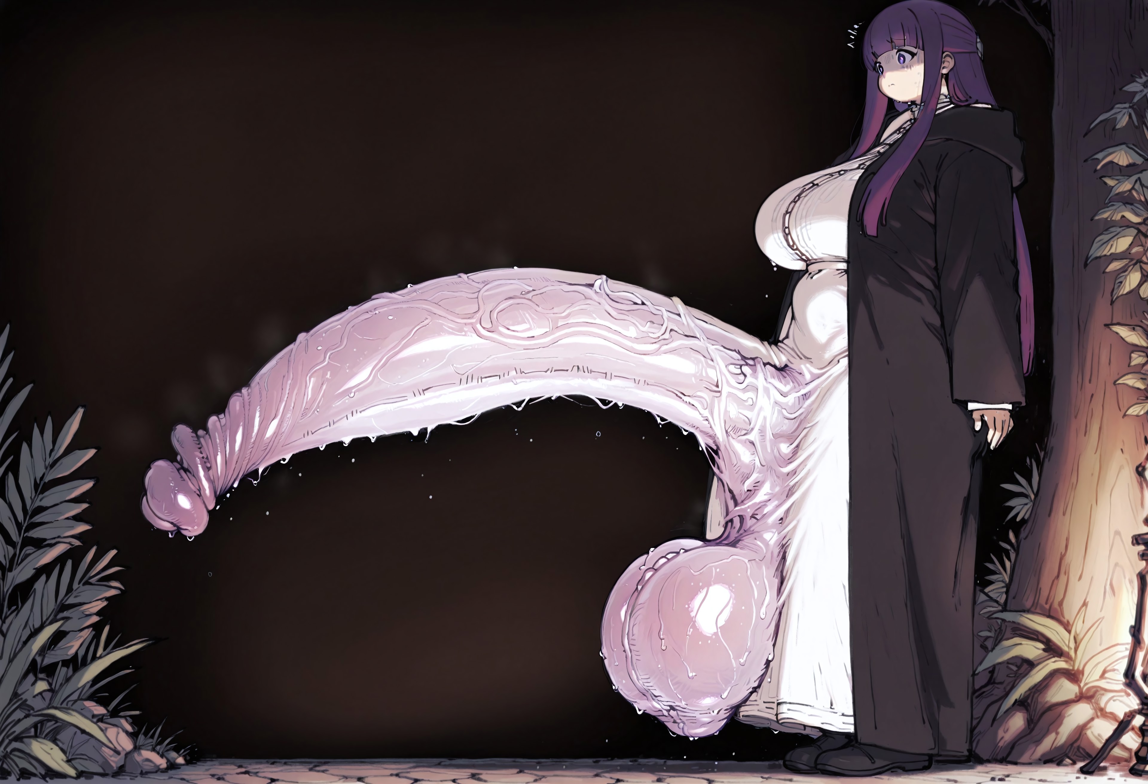 ai generated, balls, cock, fern (sousou no frieren), frieren beyond journey's end, futanari, hi res, huge balls, huge cock, hyper, hyper genitalia, hyper penis, intersex, large penis, massive penis, myth1c2, penis, penis awe, shocked, sousou no frieren, sweaty balls, sweaty genitalia, worried, worried expression
