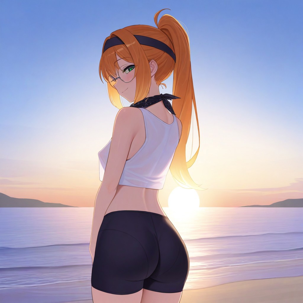 ai_generated ass bandana bike_shorts breasts ginger glasses green_eyes ponytail small_breasts tank_top thighs