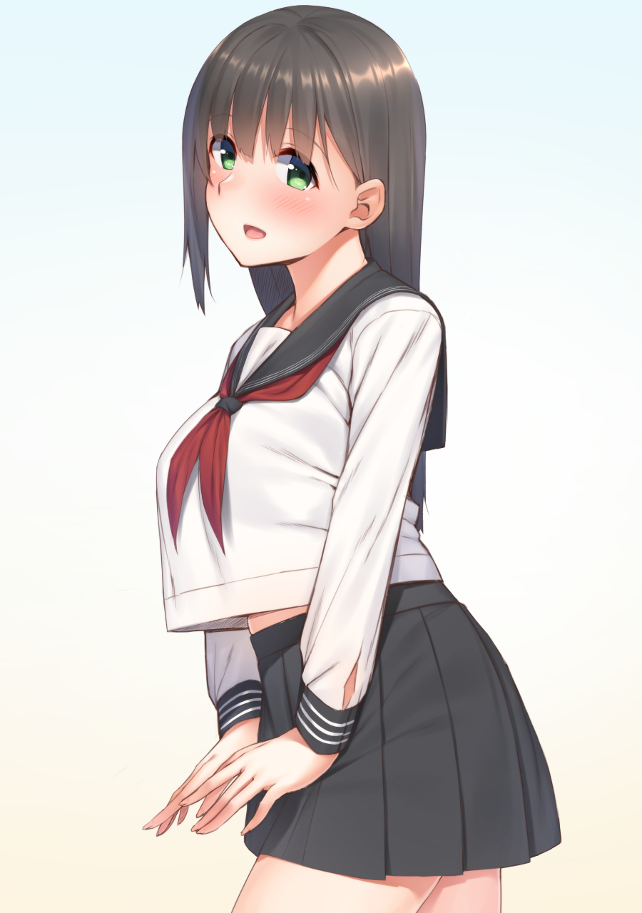 1girls black_hair blush breasts commentary_request green_eyes highres large_breasts long_hair looking_at_viewer midriff mikazuchi_zeus open_mouth original pleated_skirt school_uniform serafuku shirt_overhang skirt smile solo