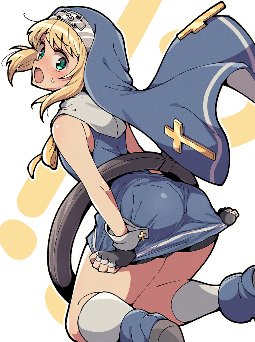 1boy, aqua eyes, ass, ass focus, back view, blonde hair, blue clothing, blue eyes, blush, bridget, classic bridget, crossdresser, crossdressing, crossdressing male, embarrassed, female symbol, femboy, fingerless gloves, from behind, gloves, green eyes, guilty gear, guilty gear xx, itsuka neru, light skin, light-skinned male, looking back, male, male focus, male only, medium hair, nun, open mouth, simple background, solo, surprised, tagme, thighs, trap, twink