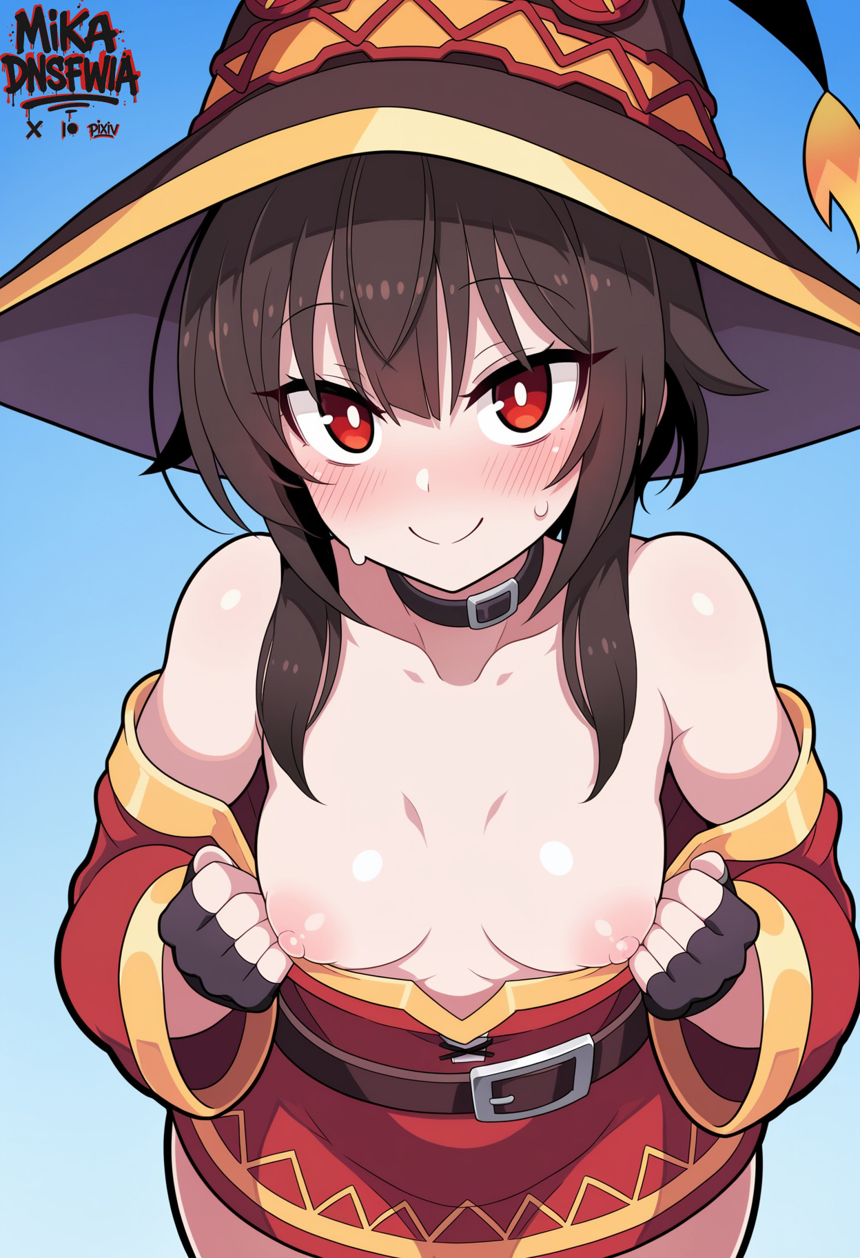 ai generated, bare shoulders, blush, breasts, brown hair, dress, female, fingerless gloves, gloves, hat, kono subarashii sekai ni shukufuku wo!, megumin, red eyes, smile, solo, witch hat