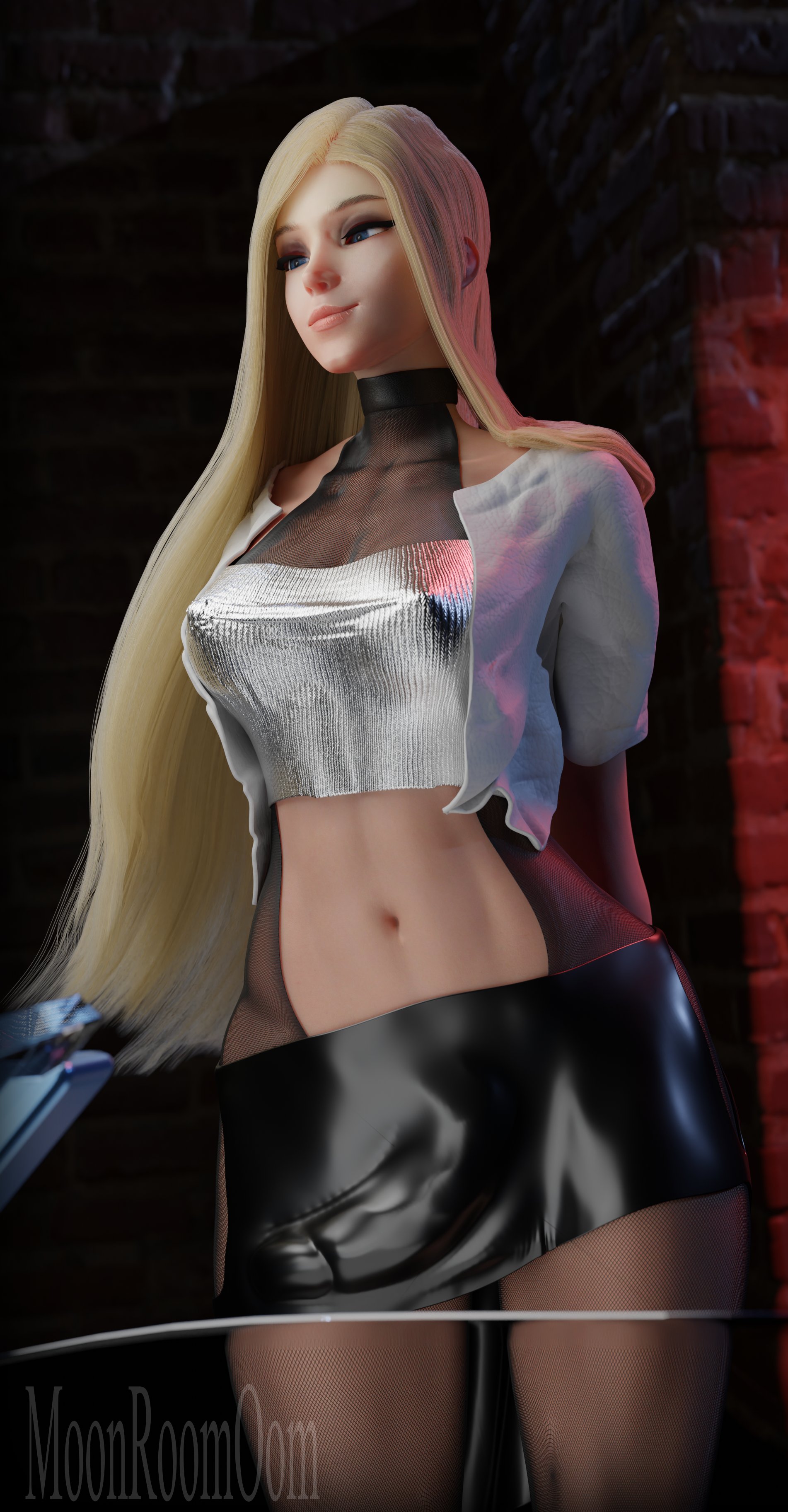 1futa, 3d, alternate hairstyle, big penis, blizzard entertainment, blonde hair, blue eyes, bulge, bulge through clothing, erect nipples, futa only, futanari, intersex, leather skirt, long hair, mercy, moonroomoom, nipple bulge, nipples, overwatch, penis, penis outline, skirt, solo, solo futa