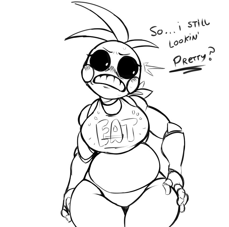 animatronic, black and white, blush, breasts, chubby, chubby female, female, female focus, female only, five nights at freddy's, five nights at freddy's 2, hand on hip, looking away, nervous, pegaka (artist), robot, robot girl, solo, sweat, sweatdrop, sweating, thick, thick thighs, thighs, toy chica (fnaf), wide hips
