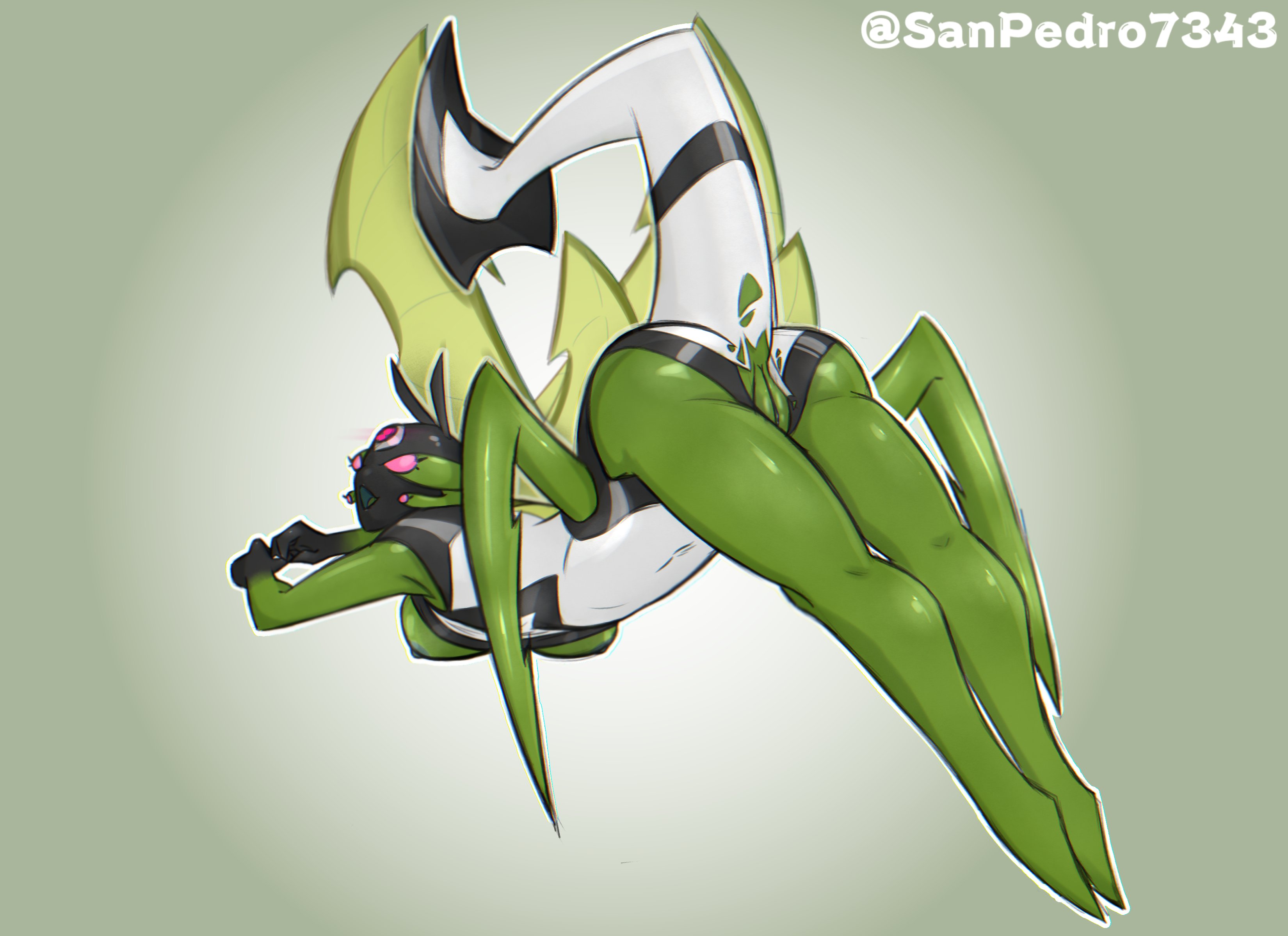 1girls, alien, alien girl, all fours, ben 10, bug, chaquetrix, female, green body, green skin, presenting, presenting hindquarters, ripped clothing, sanpedro7343, stinkfly