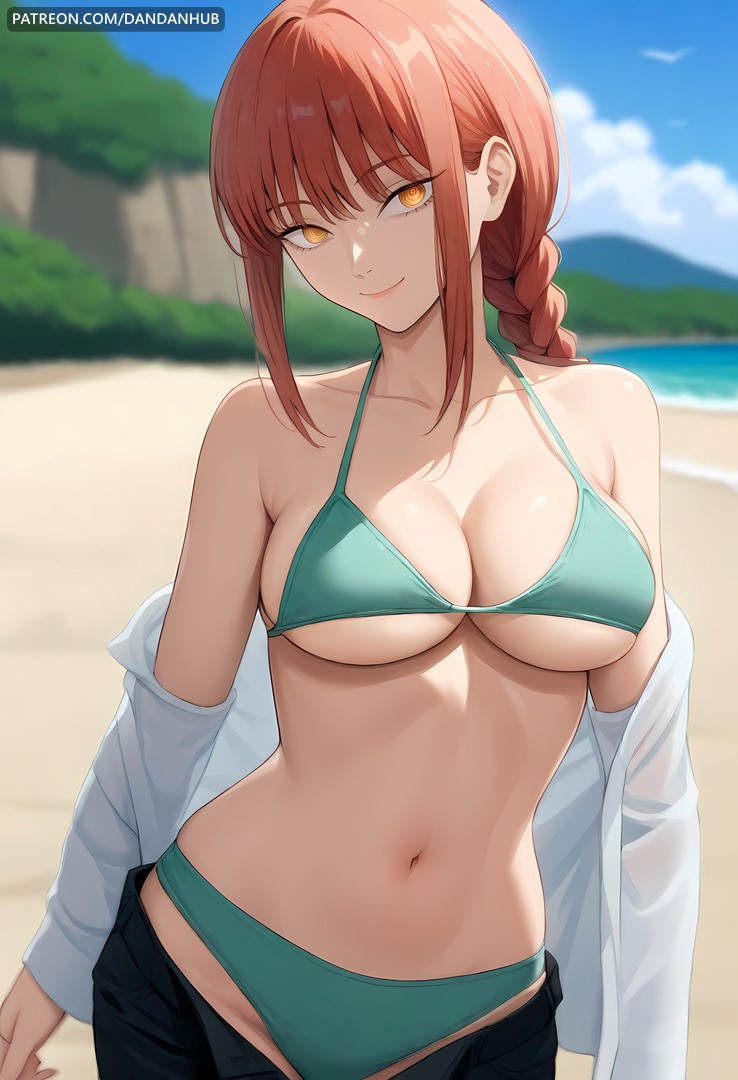 ai_generated bangs bare_shoulders beach bikini black_pants blue_sky blurry blurry_background braid braided_ponytail breasts chainsaw_man cleavage closed_mouth collarbone cowboy_shot dandanhub day female green_bikini large_breasts long_hair long_sleeves looking_at_viewer makima_(chainsaw_man) makima_\(chainsaw_man\) navel ocean off_shoulder open_clothes open_fly open_shirt outdoors pants pants_pull red_hair ringed_eyes shirt sidelocks sky smile solo stomach swimsuit white_shirt yellow_eyes