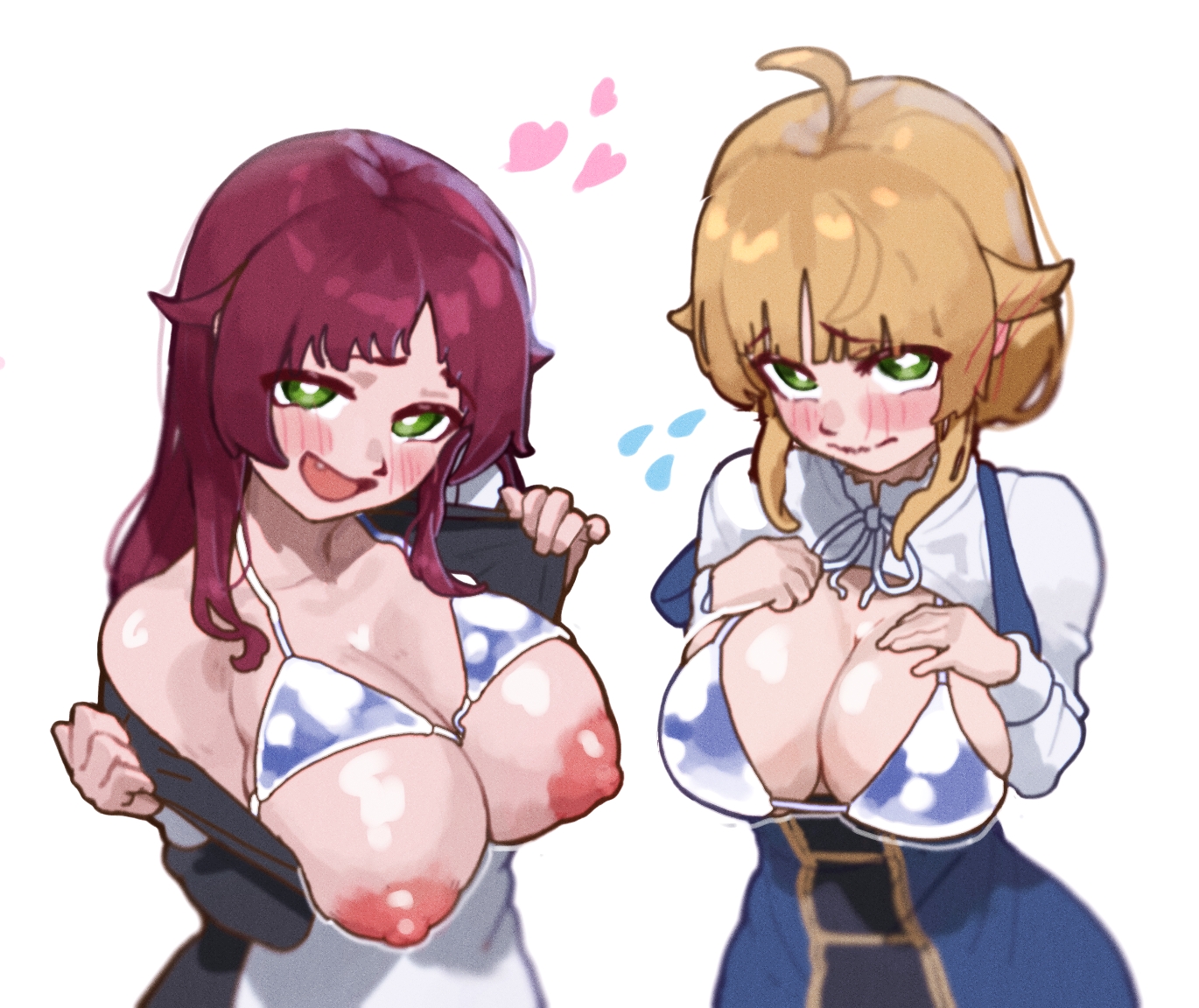 2girls, aisha greyrat, big breasts, big nipples, breasts, female, green eyes, maid uniform, mushoku tensei, norn greyrat, red hair, seductive, seductive eyes, seductive look, seductive pose, shy, siblings, sisters, swimsuit, yellow hair, ysan