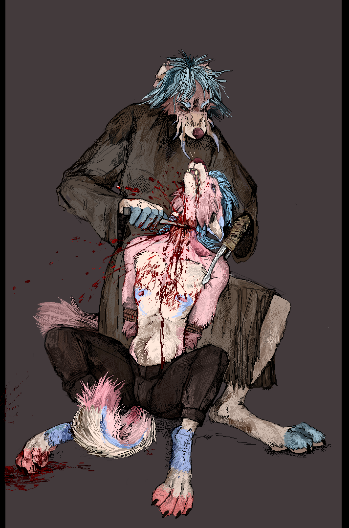 anthro blood bodily_fluids canid canine canis digital_media_(artwork) duo gore jeffusherb knife male male/male mammal pain pixel_(artwork) slit_throat wolf
