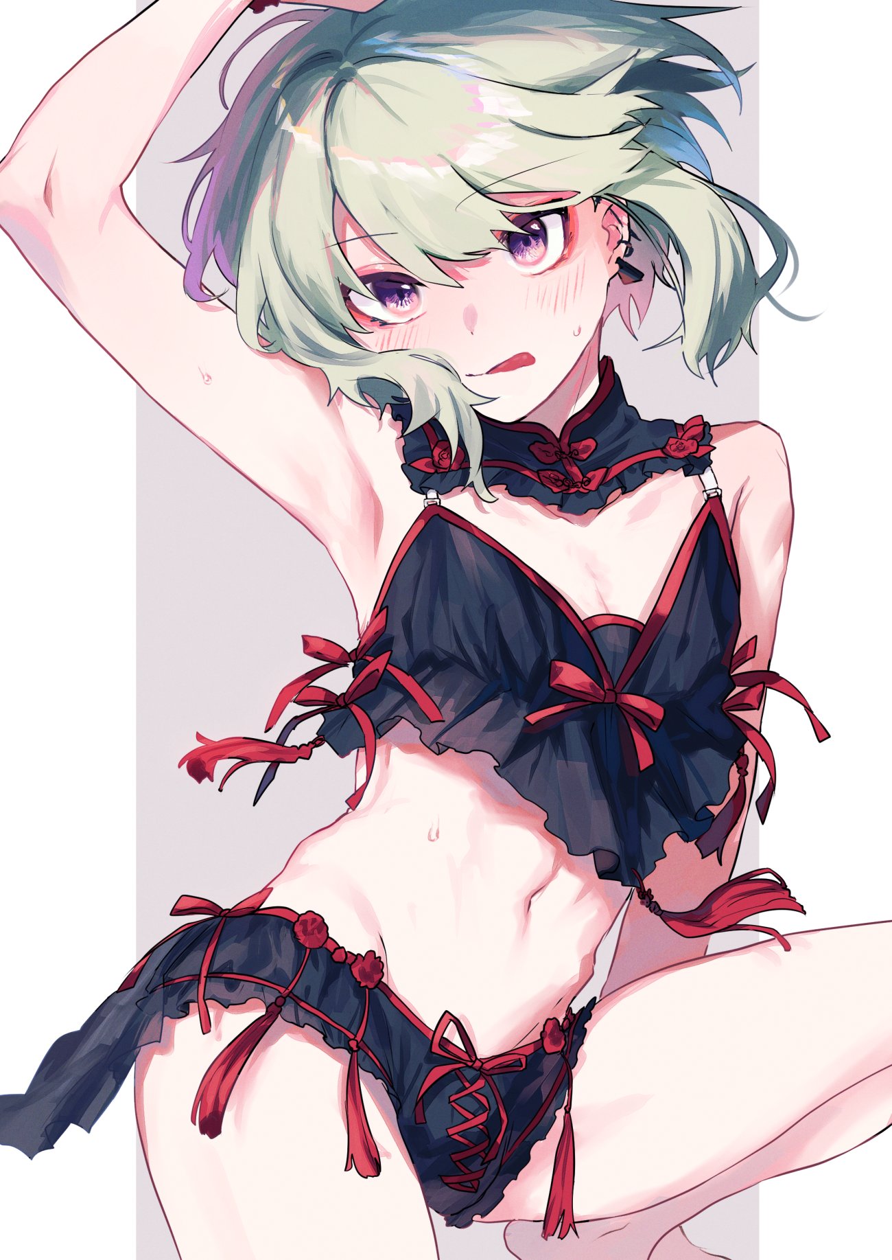1boy, androgynous, blush, bob cut, bra, crossdressing, femboy, lio fotia, looking at viewer, male, panties, promare, short hair, solo, tongue out, twink
